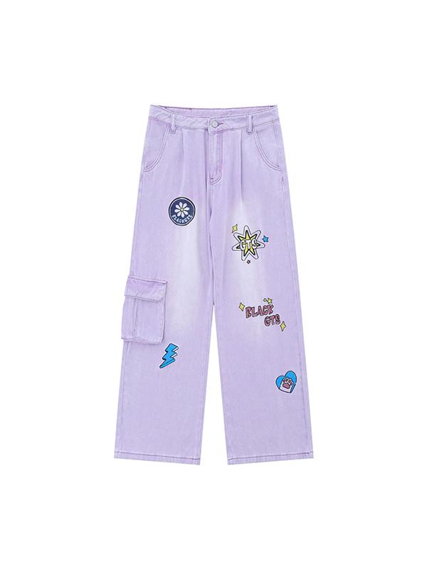 Graffiti Print Straight Cargo Jeans Product Image