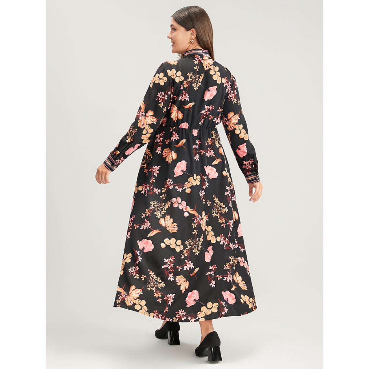 Plus Size Floral Keyhole Pocket Knotted Neck Split Dress Black Women Elegant Knotted Tie Neck Long Sleeve Curvy Long Dress BloomChic 14-16/1X Product Image