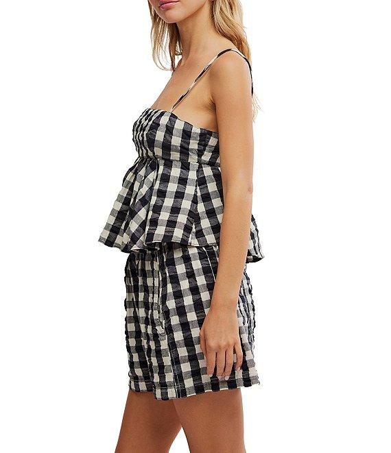 Free People Mia Woven Plaid Square Neck Sleeveless Pleated Peplum Coordinating Tank Top Product Image
