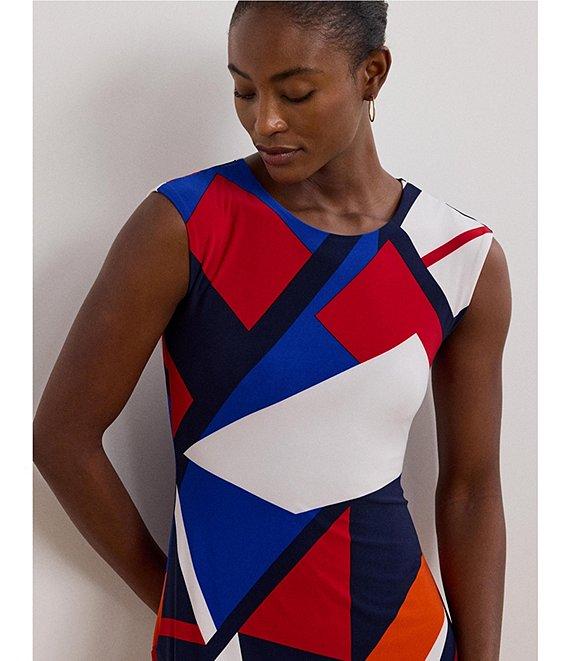 Lauren Ralph Lauren Printed Stretch Jersey Round Neck Cap Sleeve A-Line Midi Dress Product Image