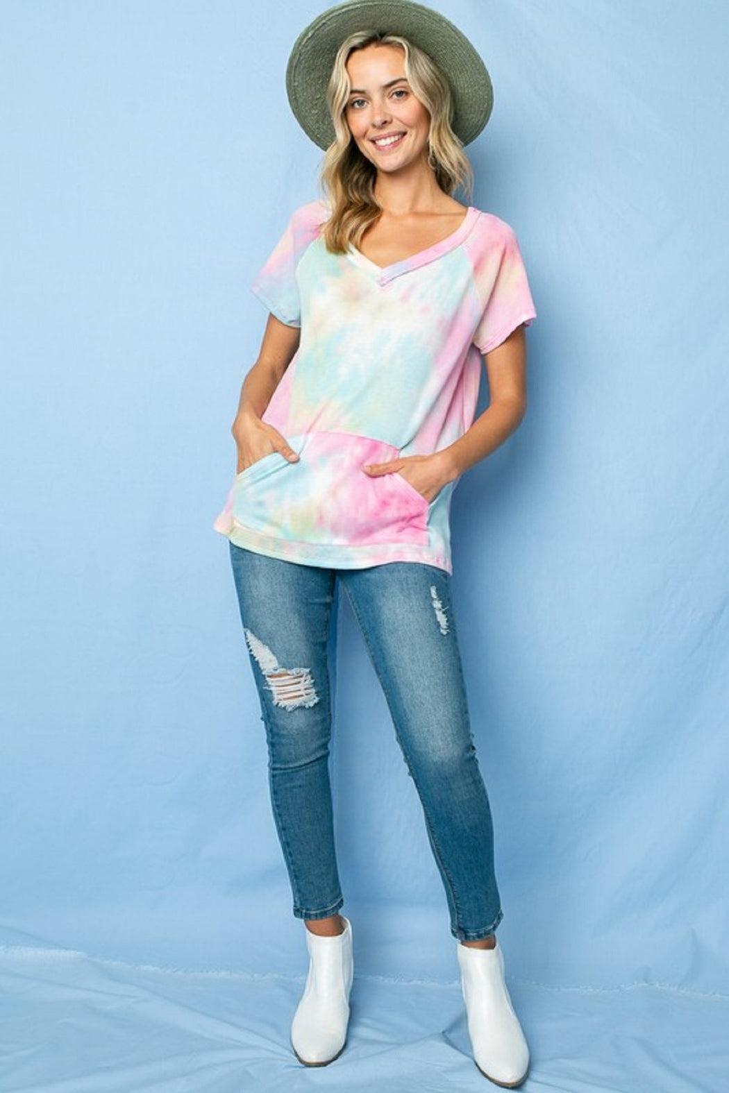 Pink Multicolor V Neck Waffle Top Product Image