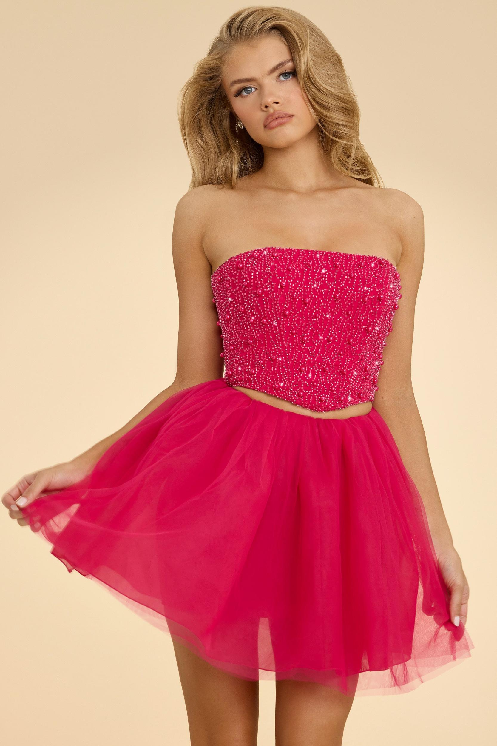High Waist Tulle Mini Skirt in Hot Pink Product Image
