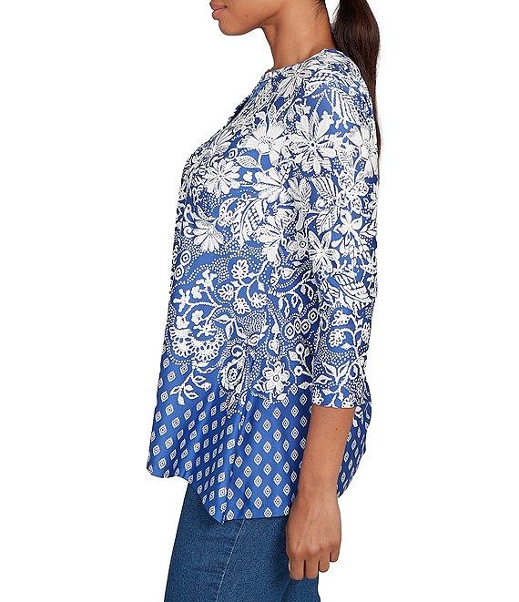 Ruby Rd. Knit Floral Border Print Keyhole Neck 3/4 Sleeve Top Product Image