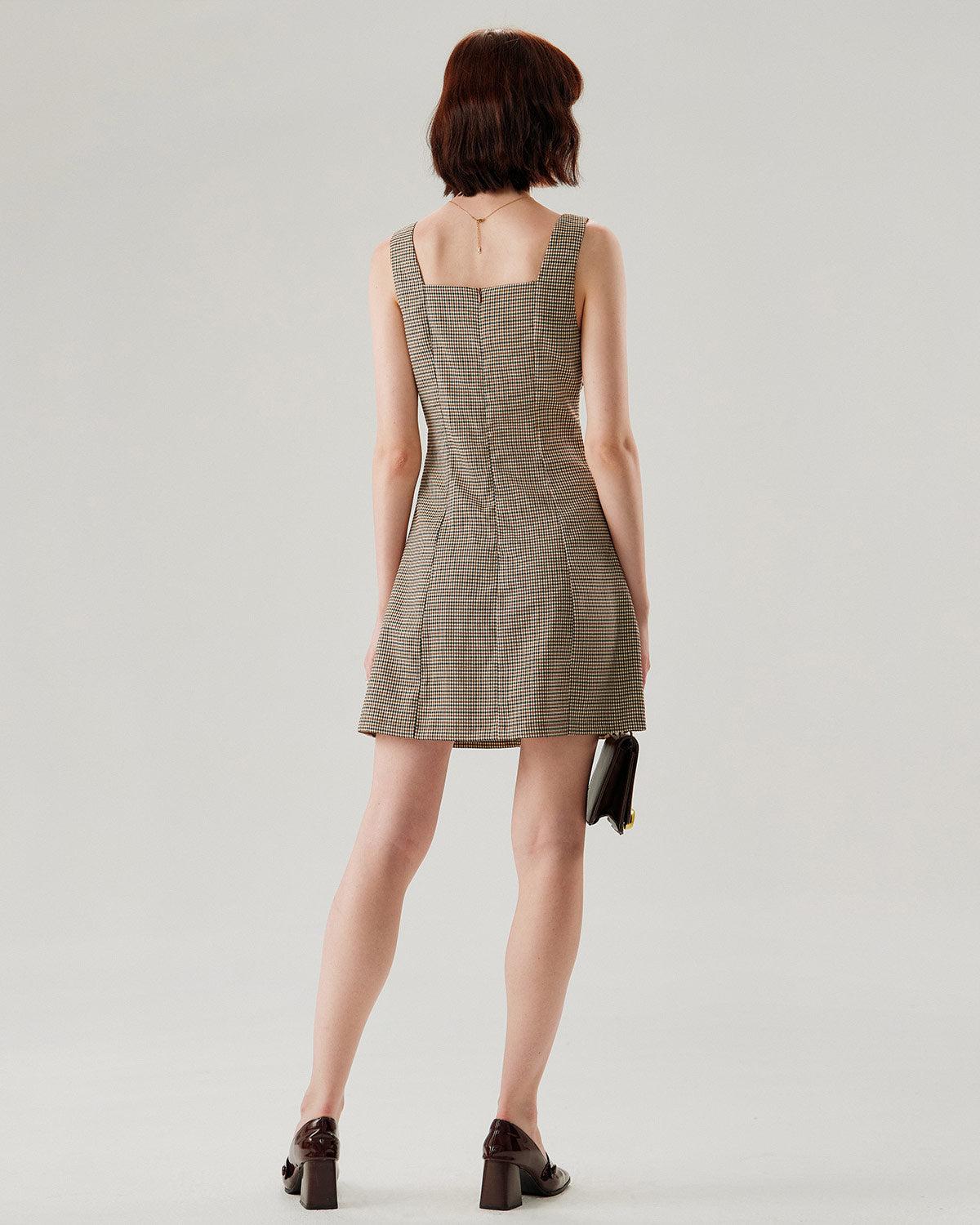 Brown Plaid Button Slip Mini Dress Product Image