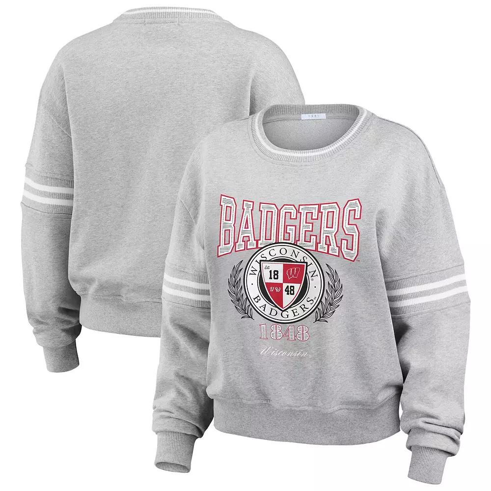 Women's WEAR by Erin Andrews Heather Gray Wisconsin Badgers Classic Stripe Pullover Sweater, Size: XL, Grey Product Image