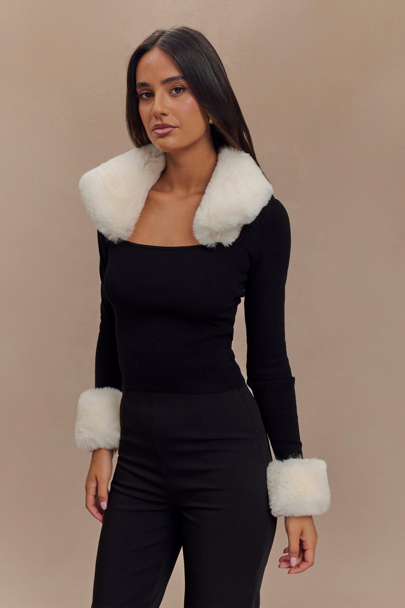 Cressida Faux Fur Knit Long Sleeve Top - Black/White Product Image