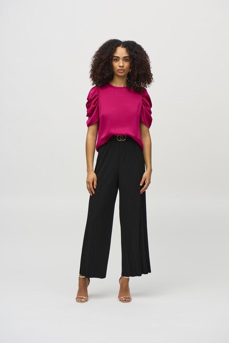 Pleated Silky Knit Wide-Leg Pants- Black Product Image