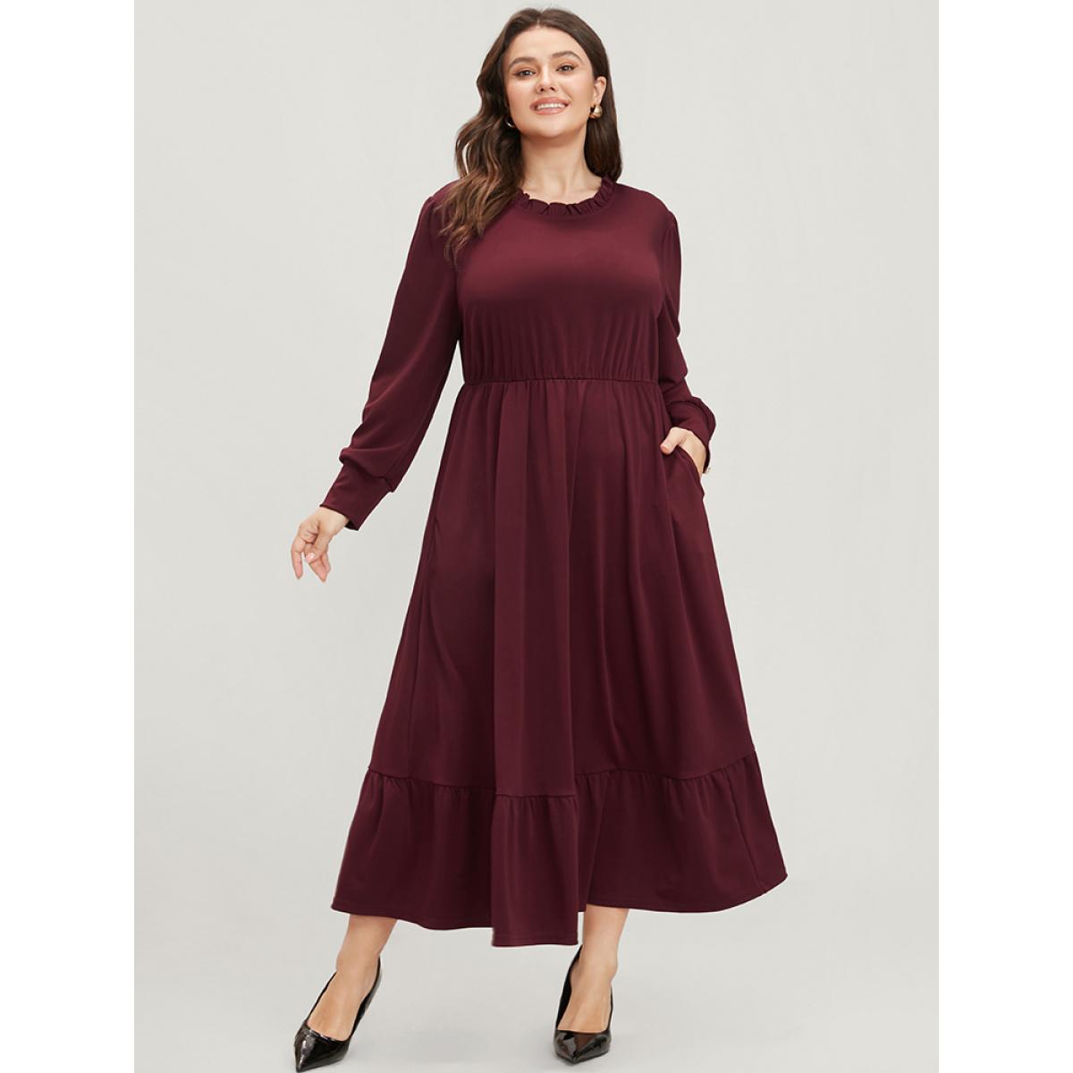 Plus Size Solid Pearl Beaded Frill Trim Lantern Sleeve Flutter Dress Burgundy Women Elegant Round Neck Long Sleeve Curvy Midi Dress BloomChic 30/6X Product Image
