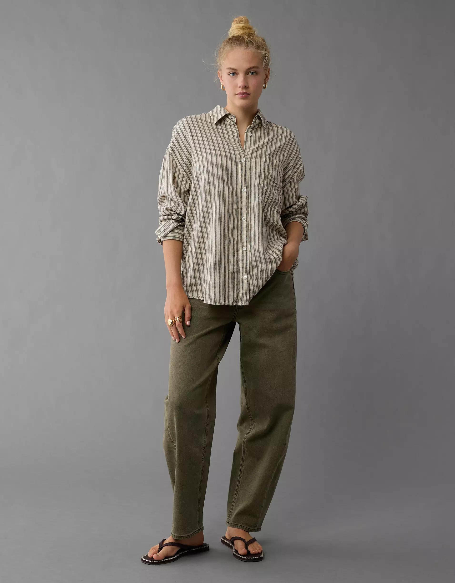 AE Linen-Blend Long-Sleeve Tie Back Button-Up Shirt Product Image