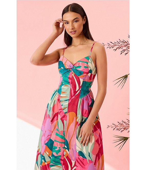 Donna Morgan Sweetheart Twist Front Sleeveless Tropical Printed Cotton Poplin Fit & Flare Midi Dress Product Image