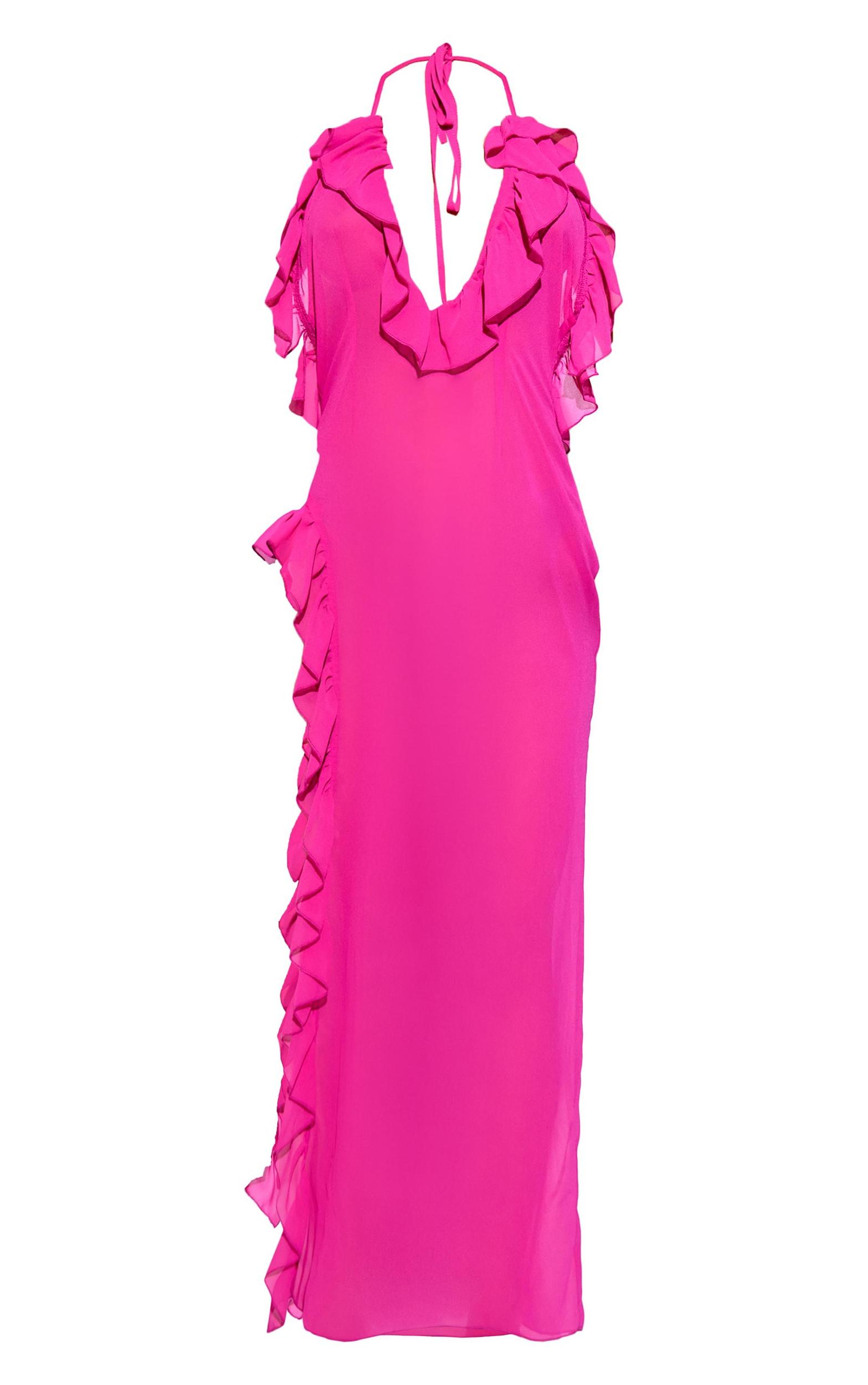 Pink Frill Chiffon Maxi Beach Dress Product Image