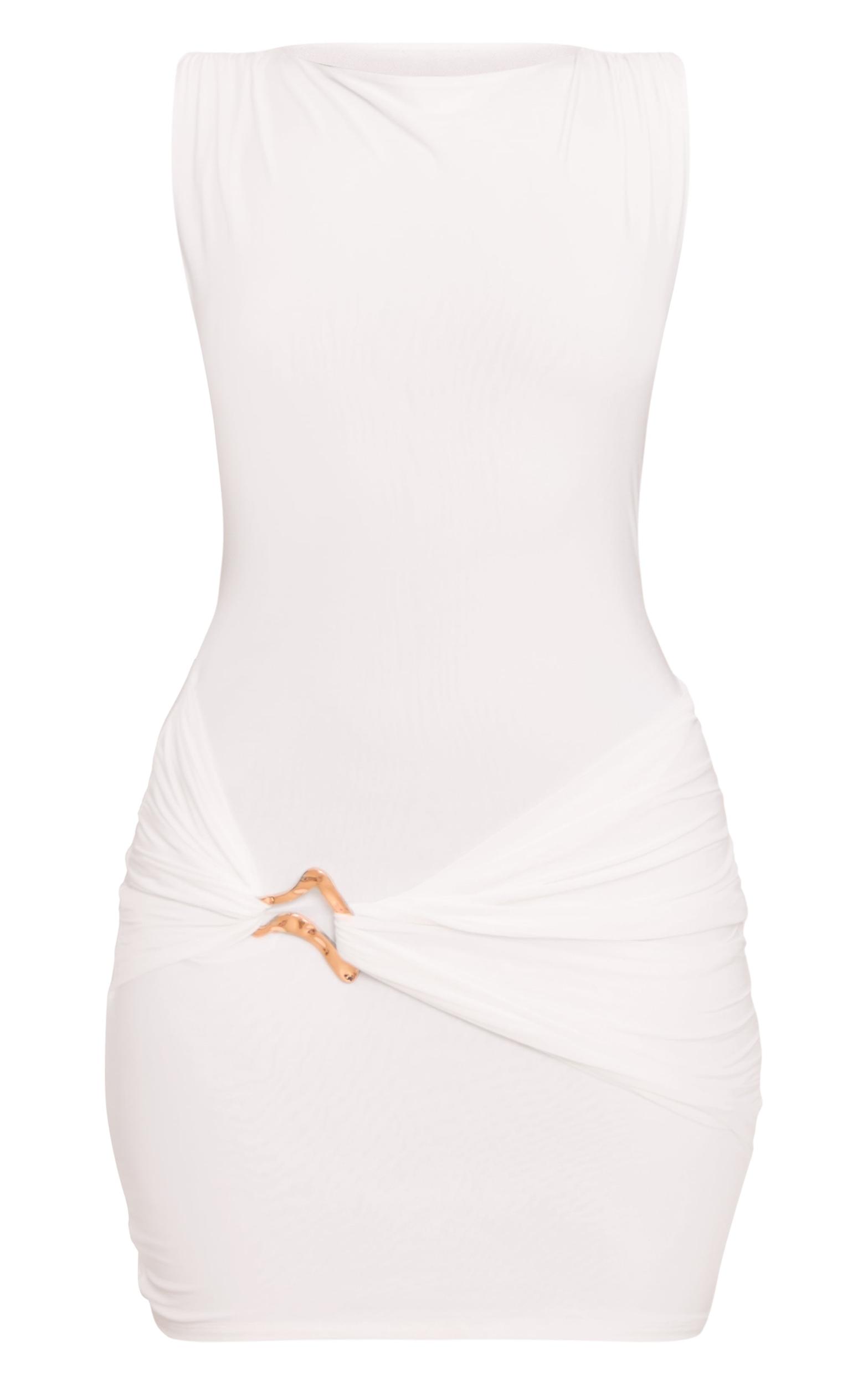 White Slinky Ruched Trim Detail Mini Dress Product Image
