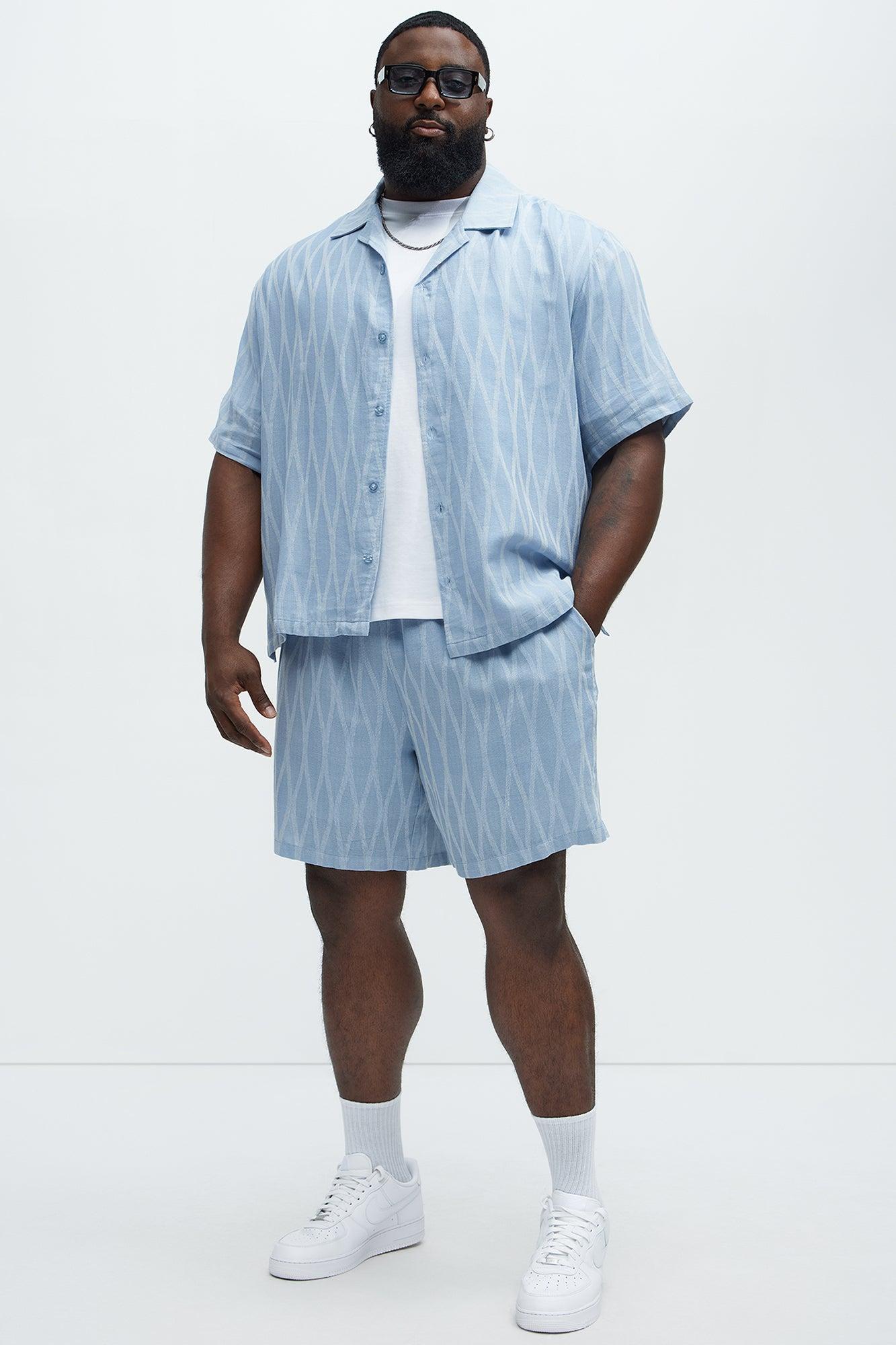 Waved Lines Cuban Collar Button Up Shirt - Blue/combo Product Image