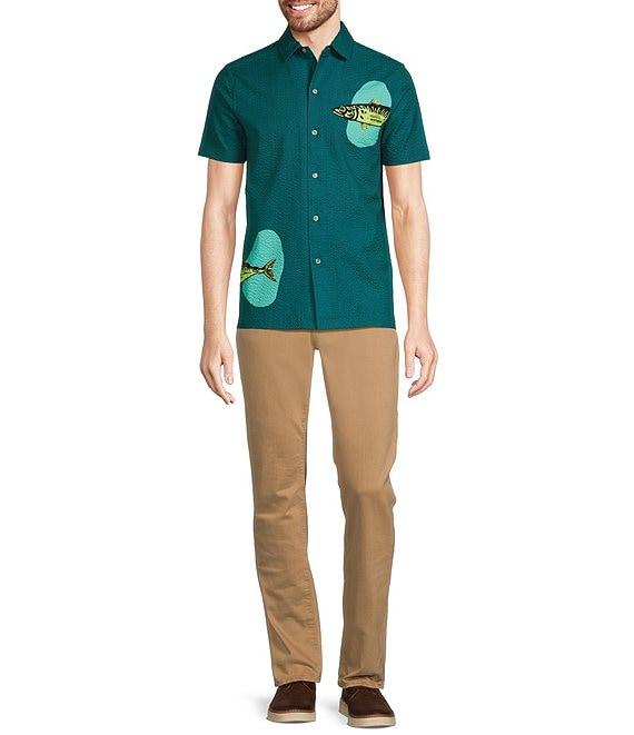 Murano Shape of Water Collection Slim Fit Placed Fish Print Seersucker Short Sleeve Convertible Camp Shirt Product Image