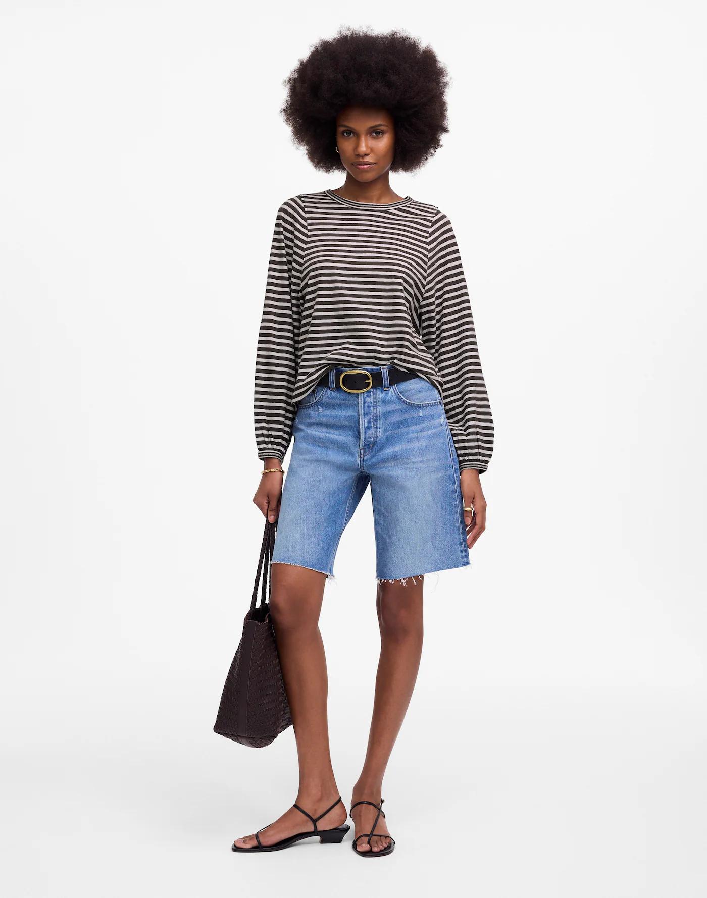 Long Balloon-Sleeve Crewneck Tee in Stripe Product Image