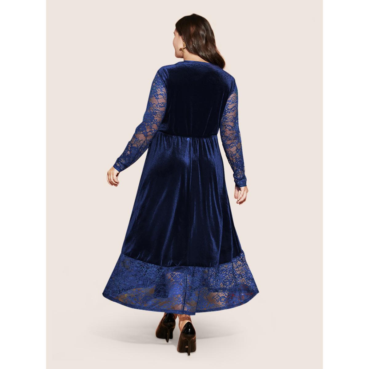 Plus Size Solid Contrast Lace Pocket Round Neck Velvet Dress DarkBlue Women Glamour Lace Round Neck Long Sleeve Curvy Midi Dress BloomChic 30/6X Product Image