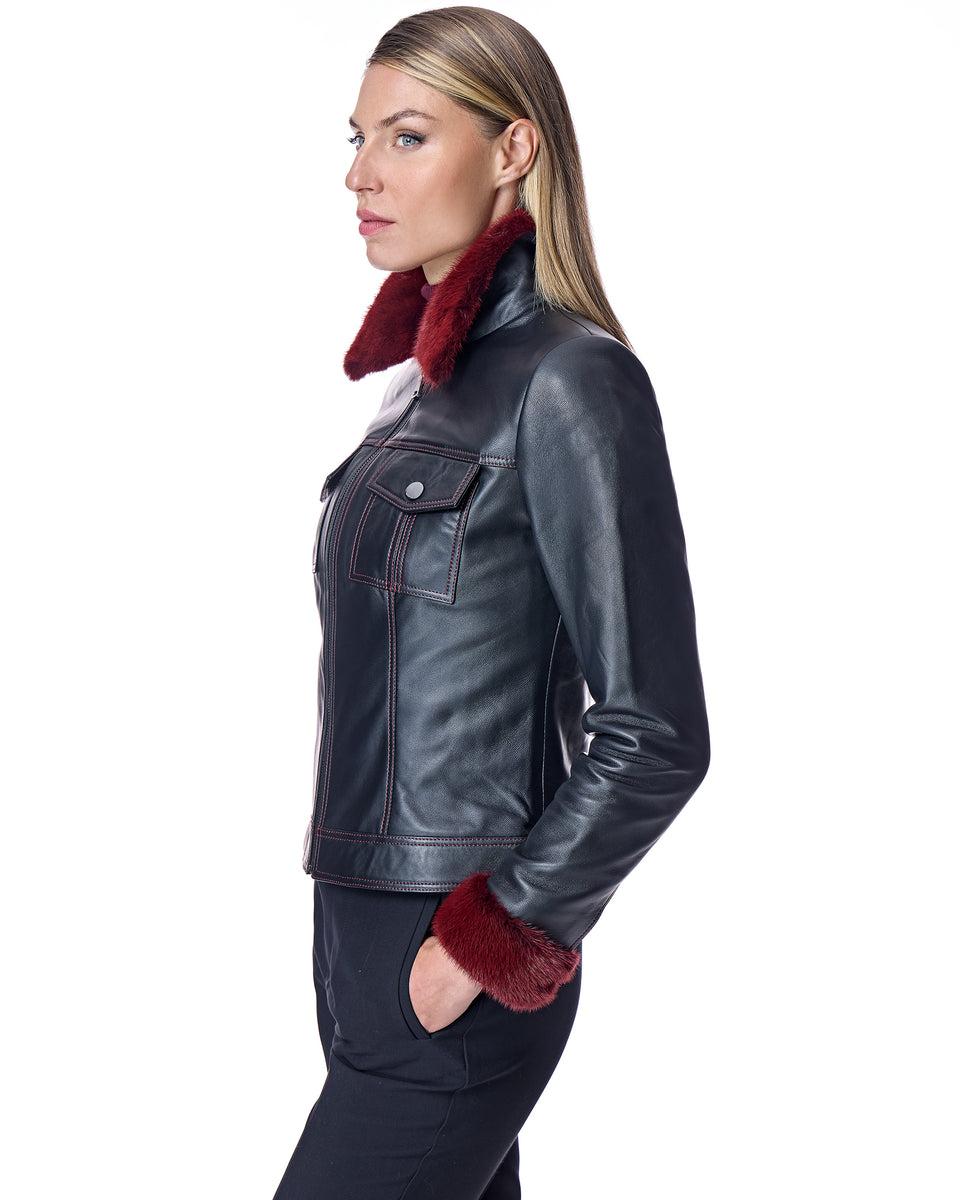 Leather Jacket with Mink Collar and Cuffs Product Image
