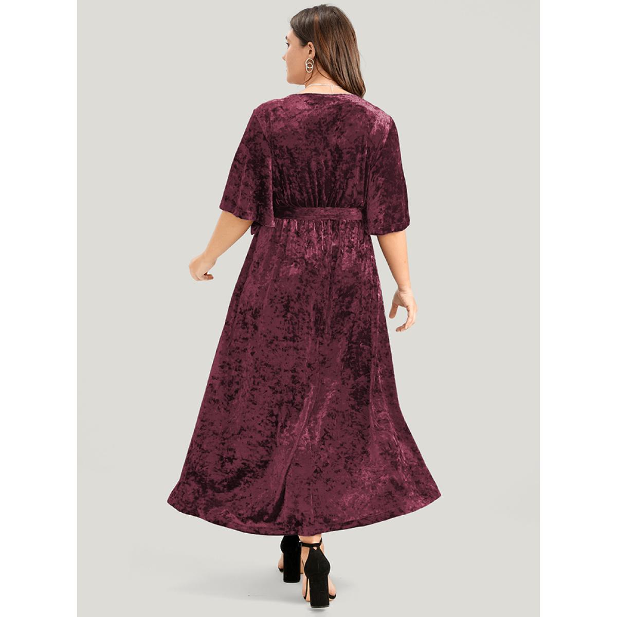 Plus Size Solid Wrap Pocket Asymmetrical Hem Belted Velvet Dress Burgundy Women Party Wrap V-neck Half Sleeve Curvy Midi Dress BloomChic 14-16/1X Product Image