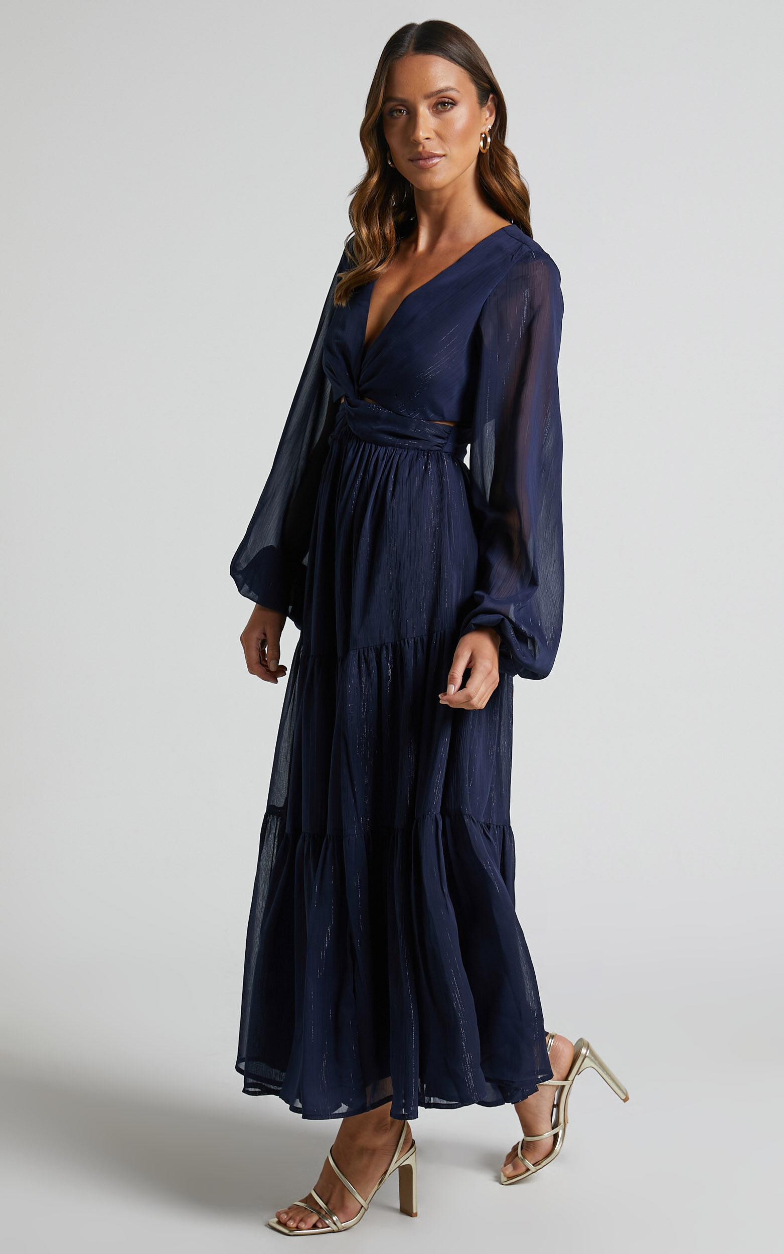 Edelyn Midi Dress - Cut Out Balloon Sleeve Tiered Dress in Navy Product Image