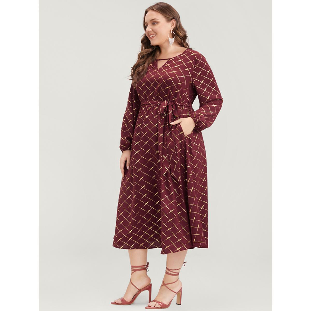 Plus Size Geometric Lantern Sleeve Pocket Keyhole Round Neck Belted Dress Scarlet Women Party Elastic Waist Round Neck Long Sleeve Curvy Midi Dress BloomChic 10/M Product Image