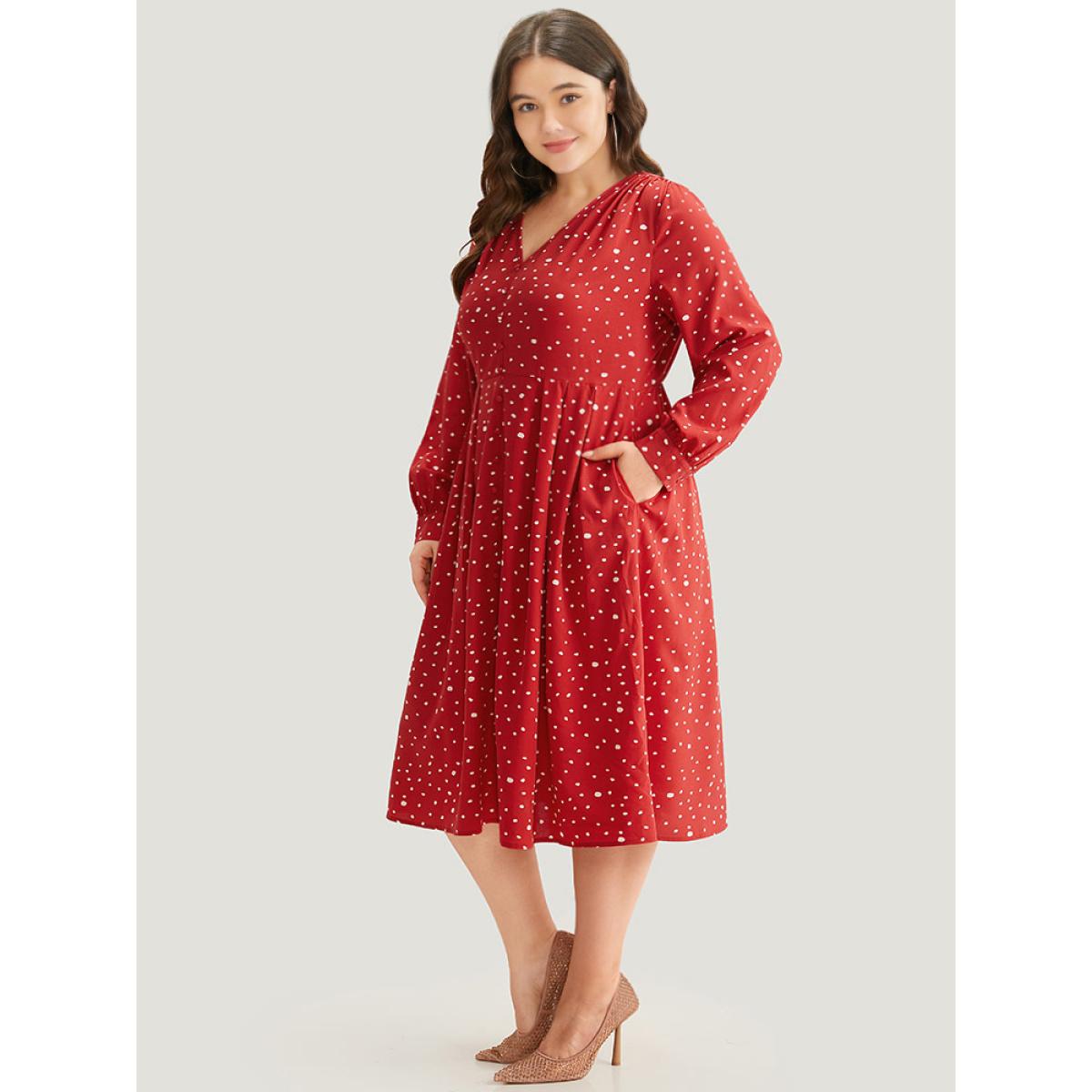 Plus Size Polka Dot Button Detail Pleated Dress Crimson Women Elegant Printed V-neck Long Sleeve Curvy Midi Dress BloomChic 26/4X Product Image