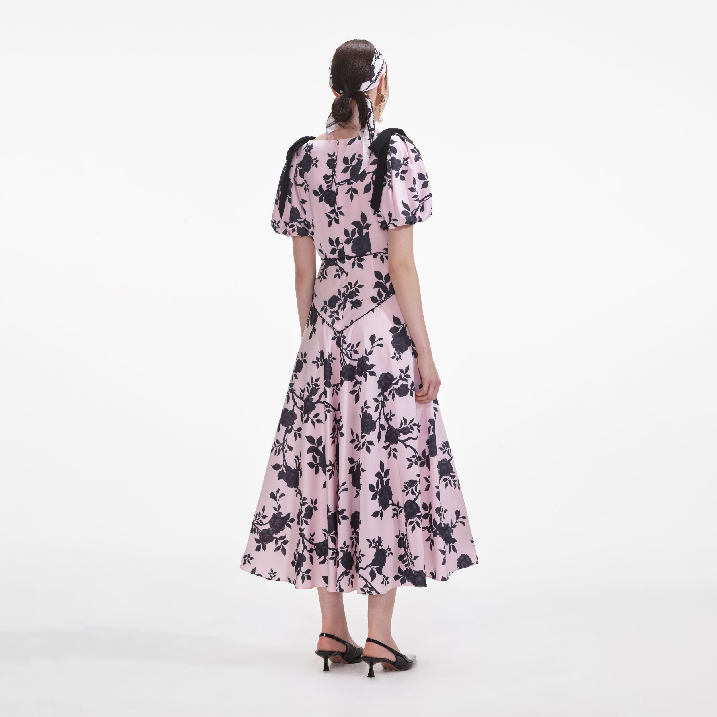 Pink Satin Floral Midi Dress Product Image