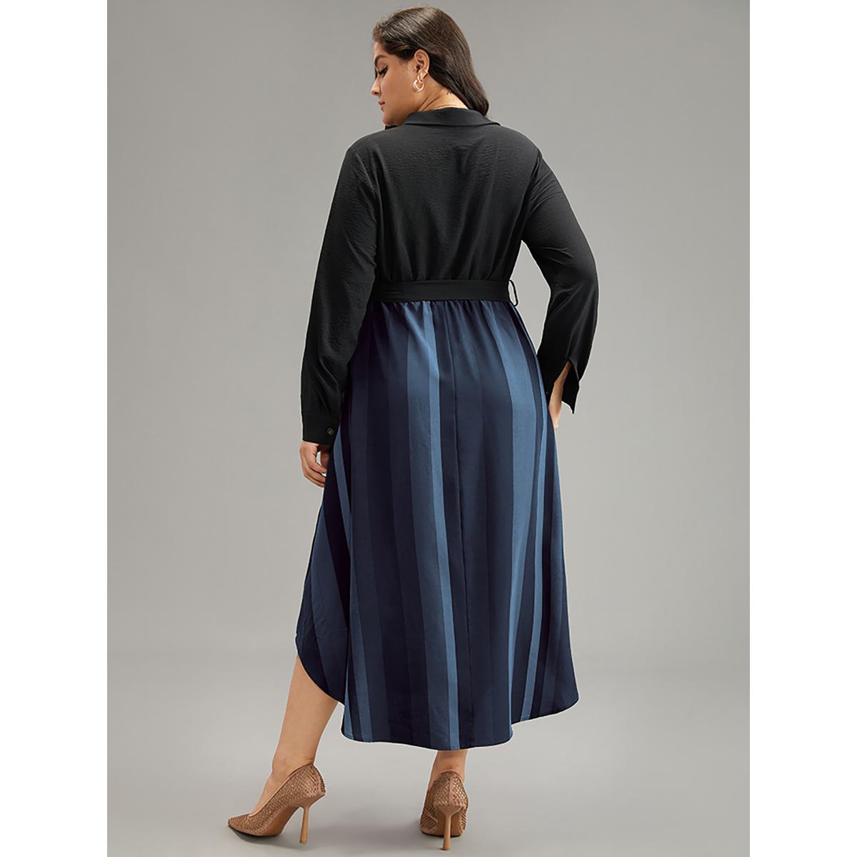 Plus Size Colour Striped Patchwork Belted Button Through Dress Midnight Women Office Belted Shirt collar Long Sleeve Curvy Midi Dress BloomChic 22-24/3X Product Image