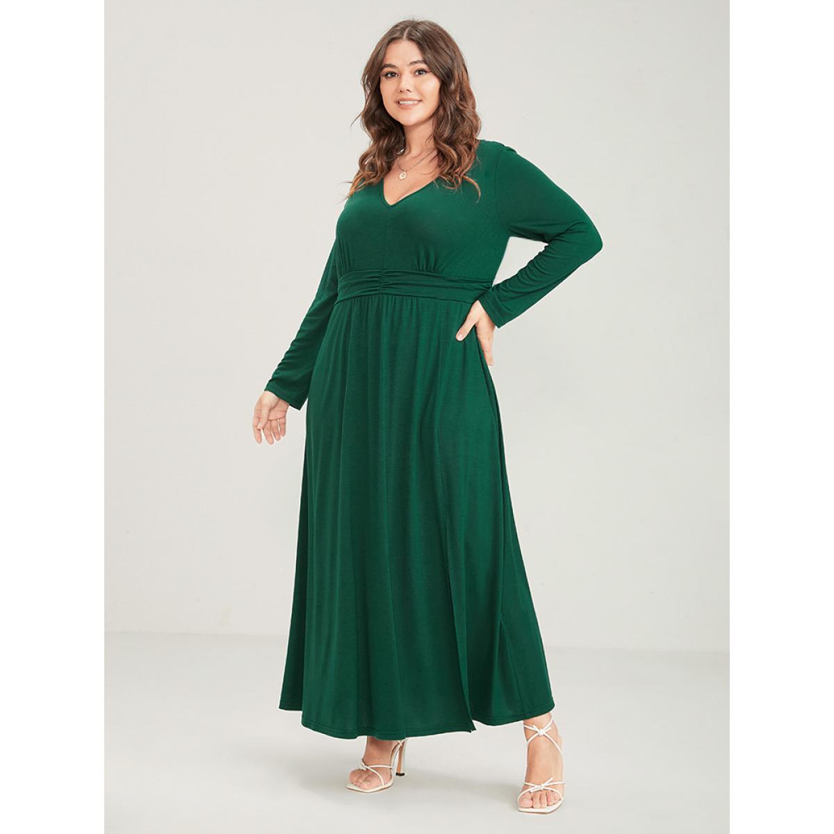 Plus Size Solid Deep V Neck Gathered Pocket Split Maxi Dress Green Women Elegant Pocket Deep V-neck Long Sleeve Curvy Long Dress BloomChic 14-16/1X Product Image