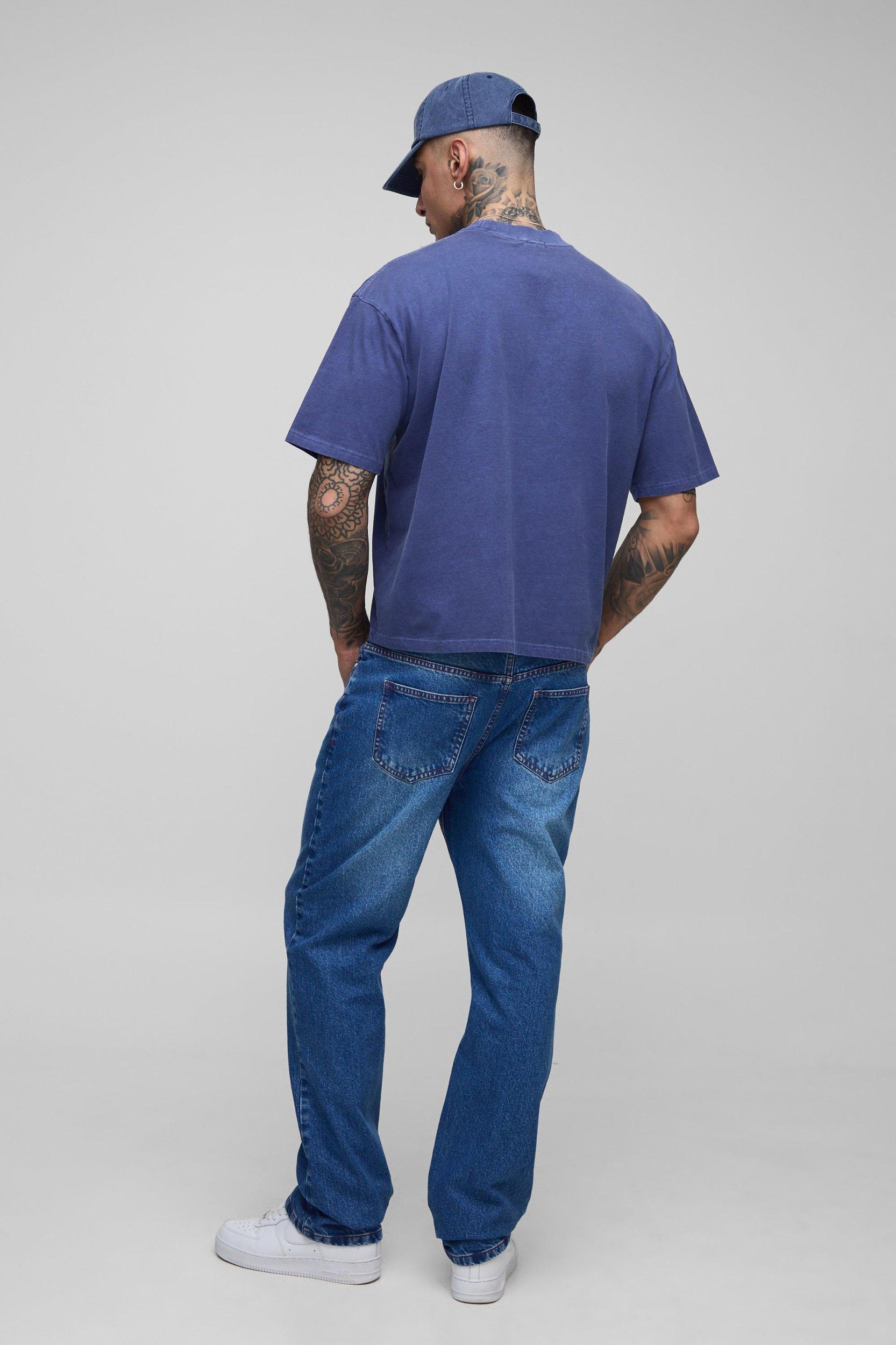 Tall Straight Rigid Contrast Stitch Jeans | boohooMAN USA Product Image