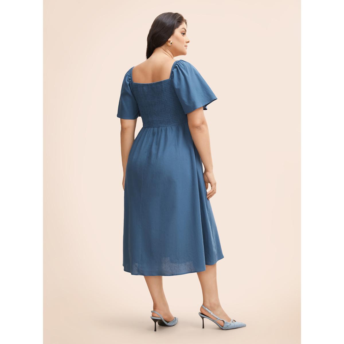 Plus Size Cotton Square Neck Shirred Ruffle Sleeve Split Hem Dress Aegean Women Casual Gathered Square Neck Short sleeve Curvy BloomChic 14-16/1X Product Image