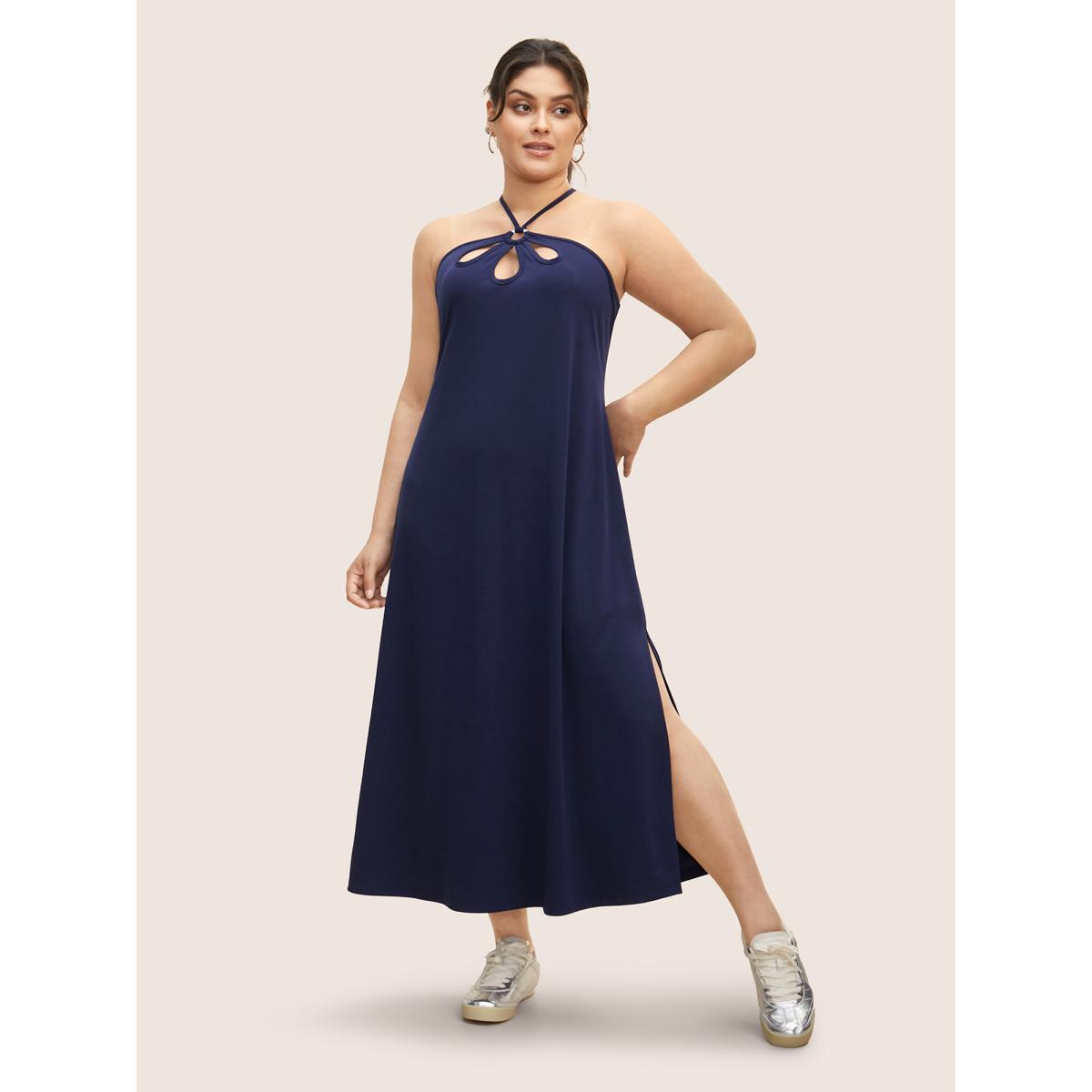 Plus Size Solid Cut Out Split Side Maxi Dress Navy Women Casual Cut-Out Asymmetrical Neck Sleeveless Curvy BloomChic 30/6X Product Image