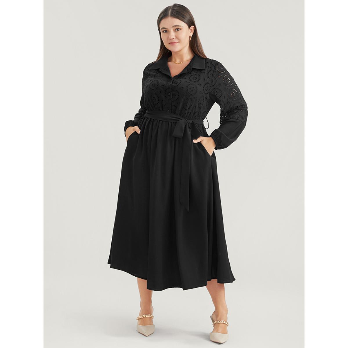 Plus Size Solid Pocket Button Detail Eyelet Lace Belted Dress Black Women Casual Patchwork Shirt collar Long Sleeve Curvy Midi Dress BloomChic 26/4X Product Image