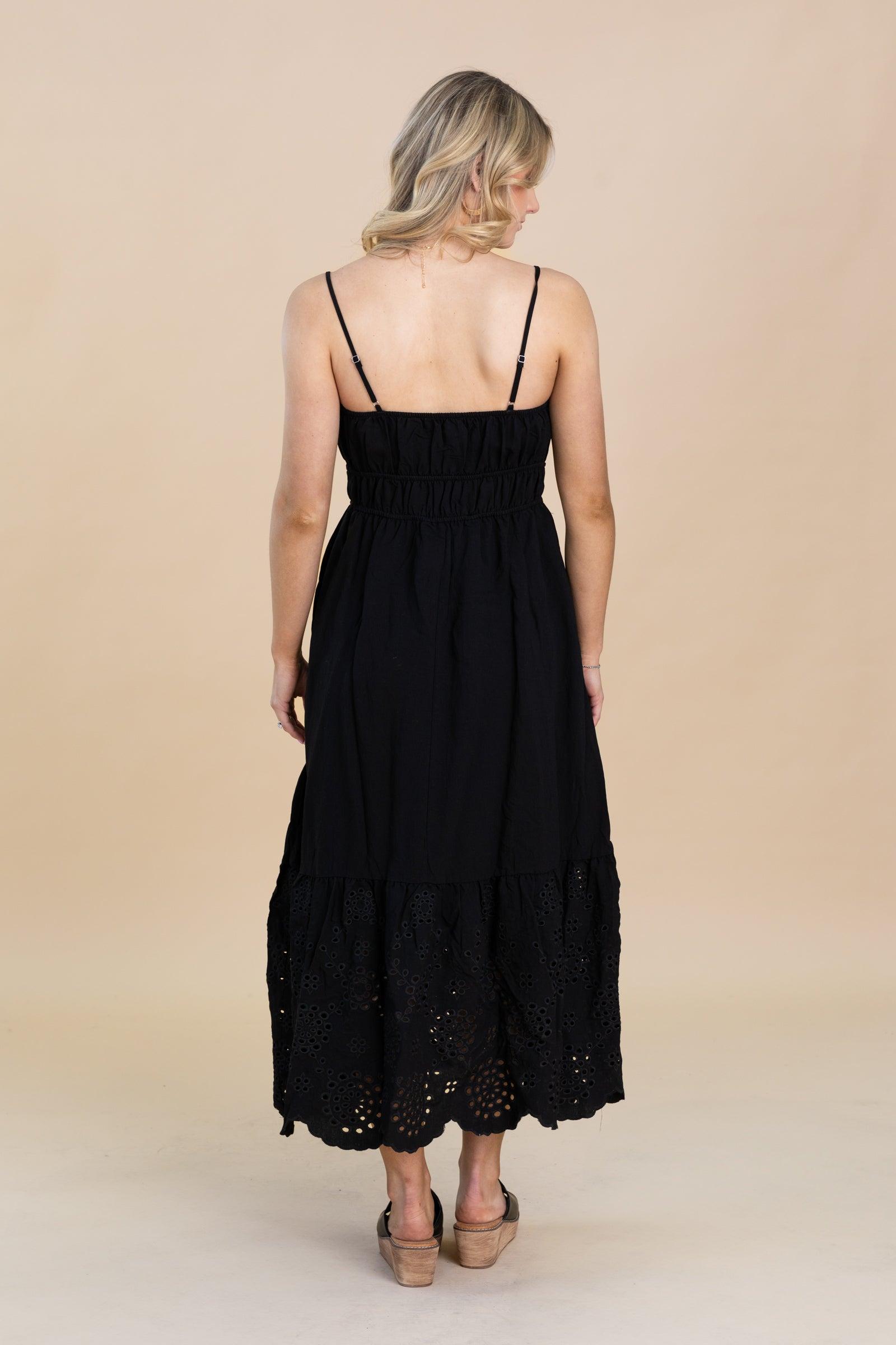 Black Front Eyelet Scallop Hem Midi Dress Product Image