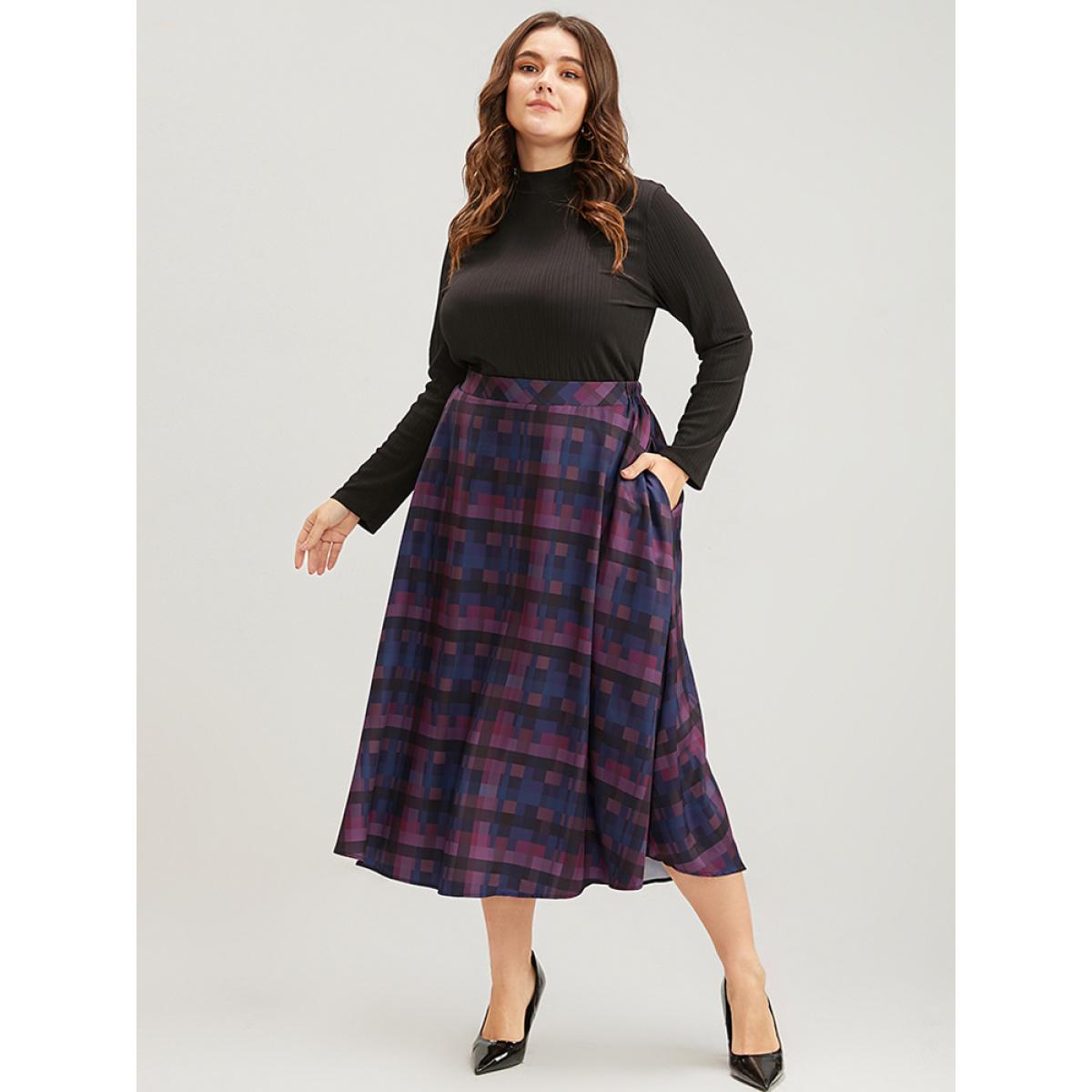 Plus Size Plaid Contrast Elastic Waist Pocket Skirt Women Multicolor Elegant Elastic Waist Loose No stretch Pocket Dailywear Skirts BloomChic 30/6X Product Image