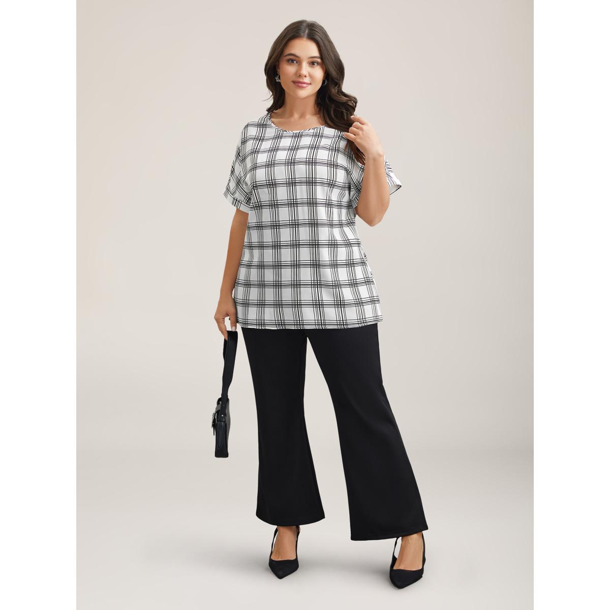 Plus Size WhiteSmoke Plaid Rolled Hem Dolman Sleeve Shirt Women At the Office Short sleeve Round Neck Work Blouses BloomChic 26/4X Product Image