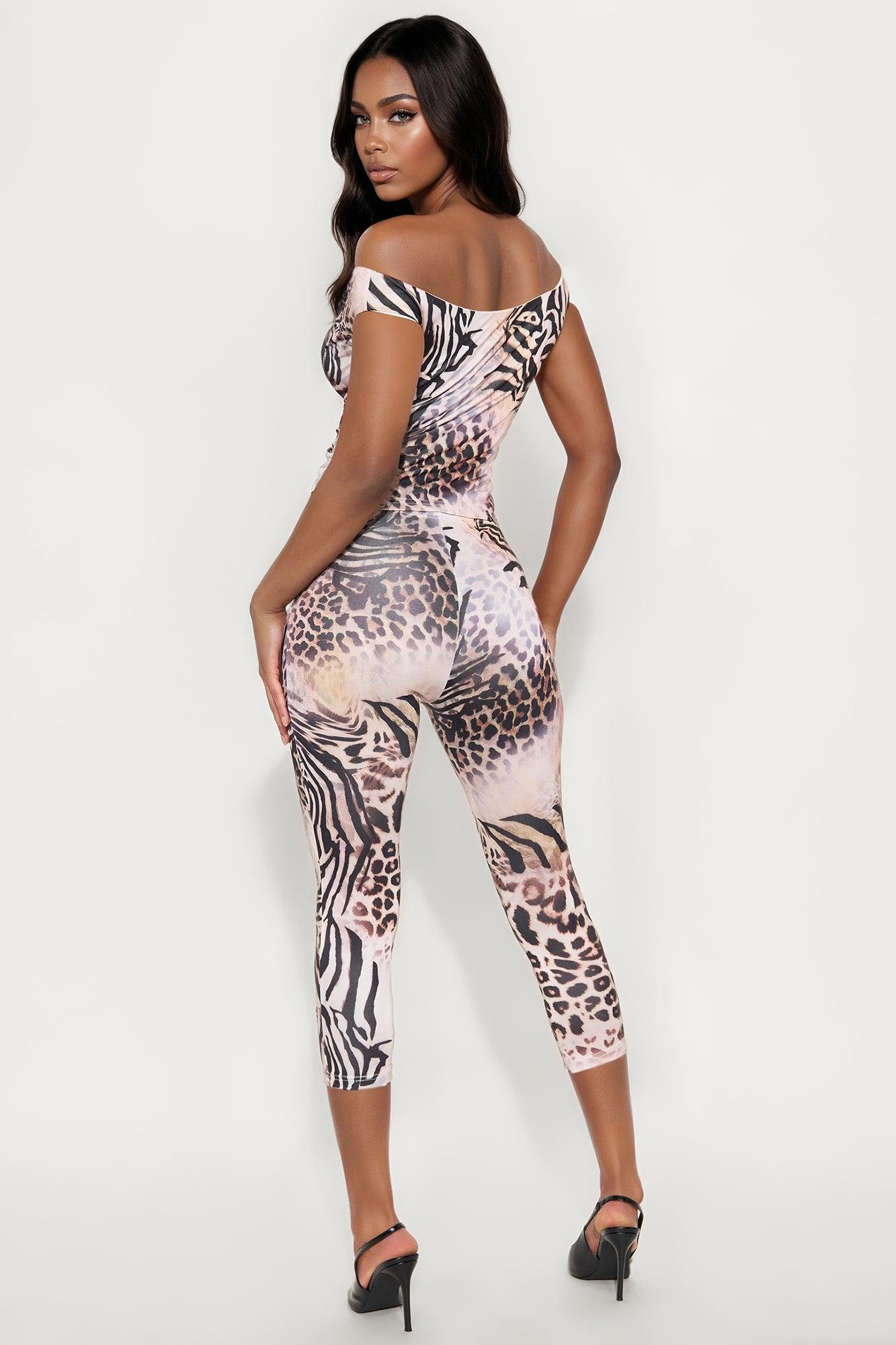 Kiara Off Shoulder Leopard Capri Set - Black/combo Female Product Image