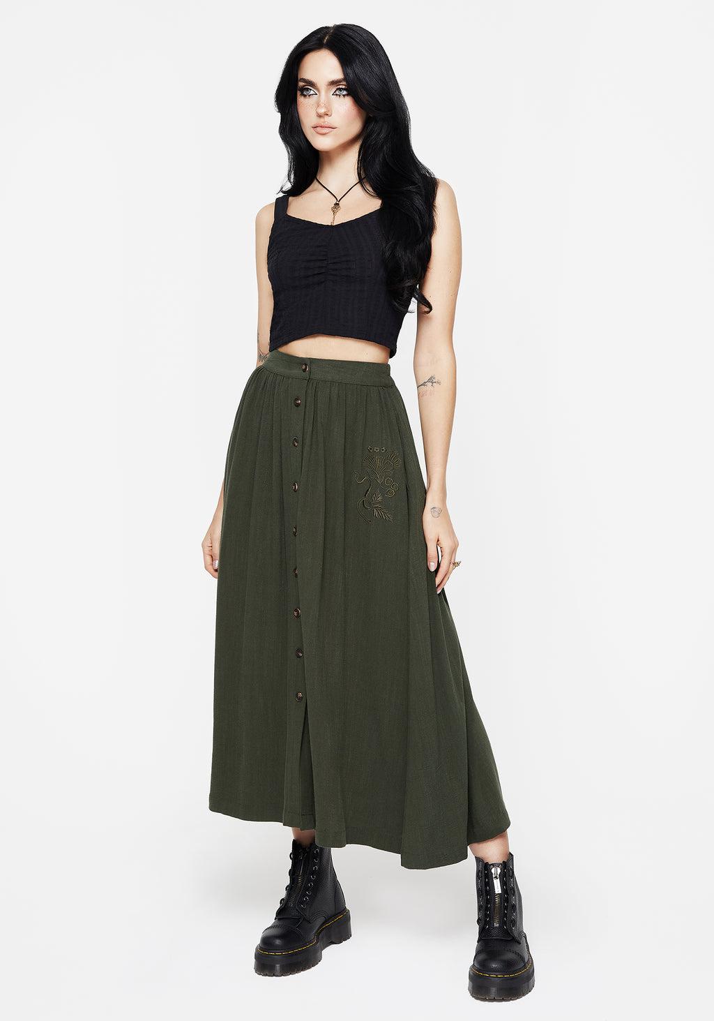 Foliate Linen-Blend Embroidered Button Up Midaxi Skirt - Green Product Image