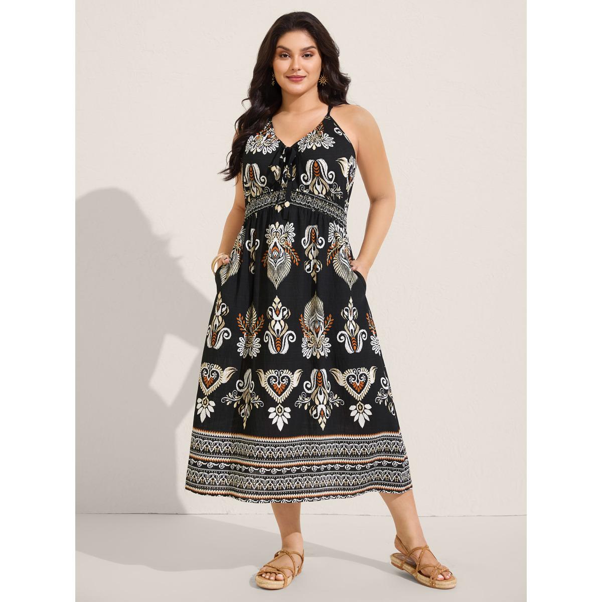 Plus Size Boho Print Pockets Cinched-Waist Midi Dress Black Women V-neck Sleeveless Curvy BloomChic 14-16/1X Product Image
