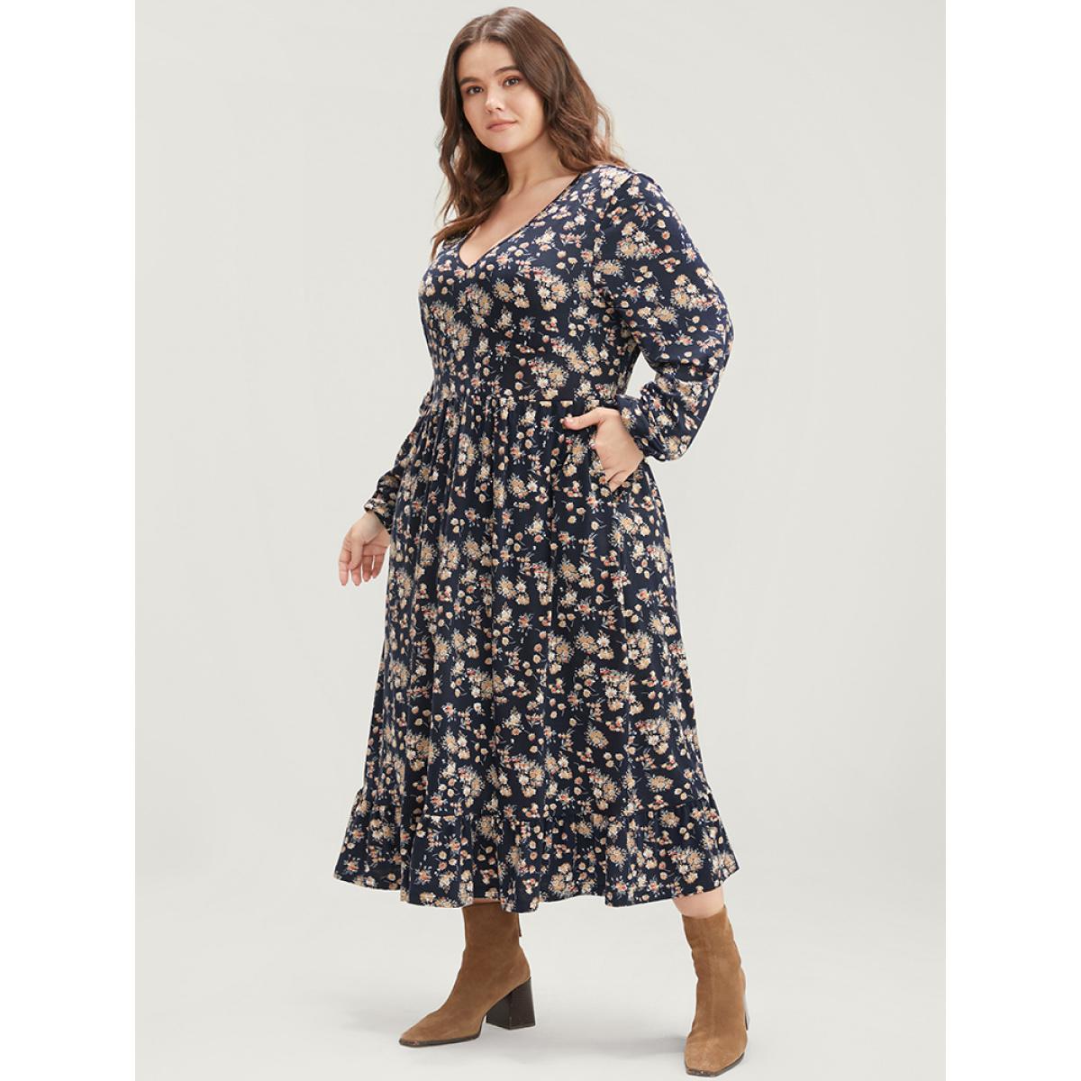 Plus Size Ditsy Floral Pocket Lantern Sleeve Shirred Flutter Dress Indigo Women Elegant Elastic Waist V-neck Long Sleeve Curvy Midi Dress BloomChic 22-24/3X Product Image