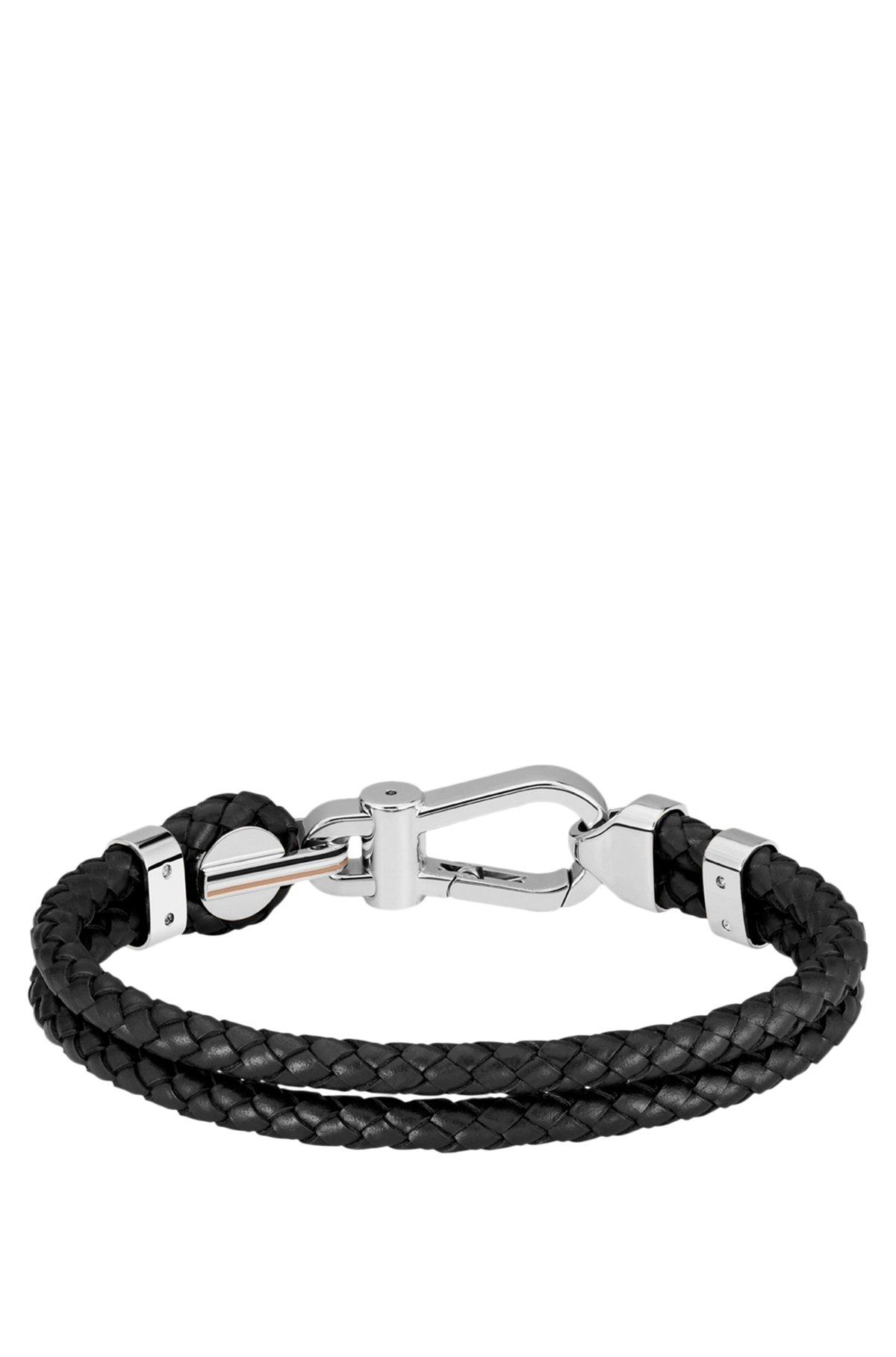 Black braided-leather cuff with silver-tone carabiner closure Product Image