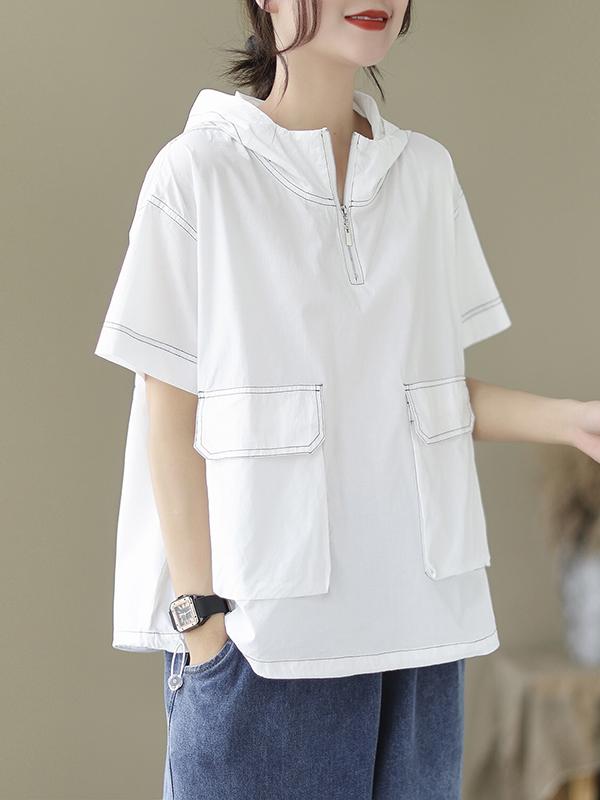Loose Short Sleeves Zipper Hooded T-Shirts Tops Product Image