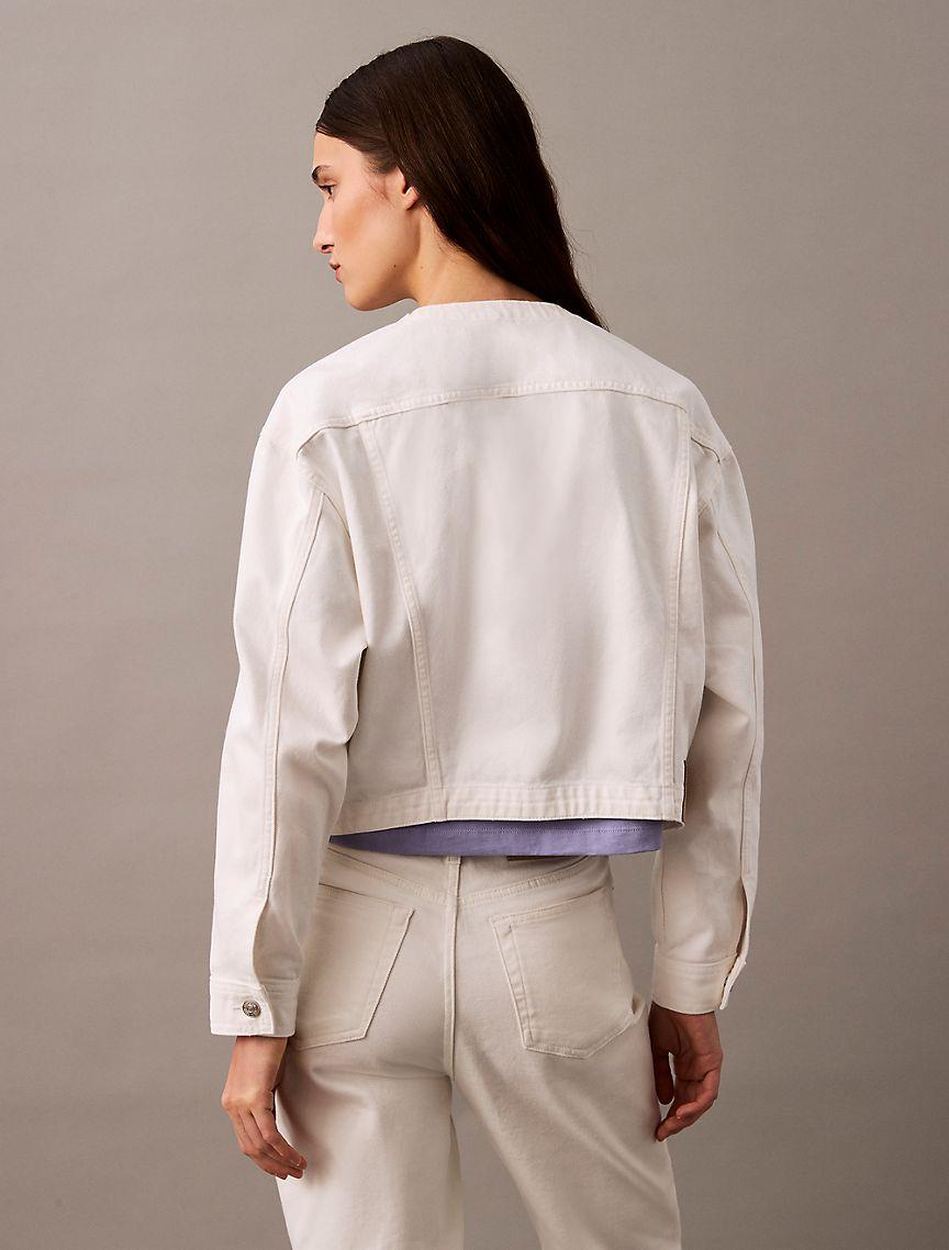 Cropped Collarless Denim Trucker Jacket Product Image