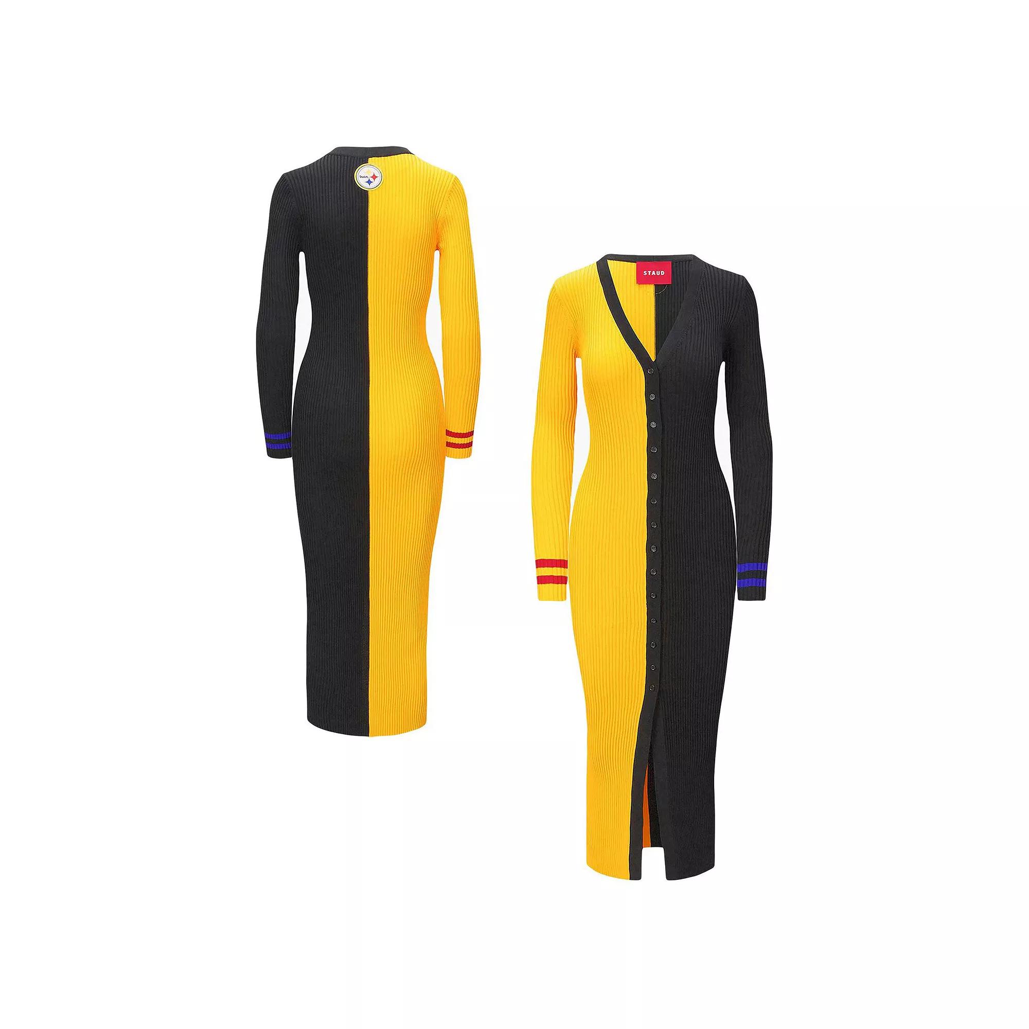 Women's STAUD Gold/Black Pittsburgh Steelers Shoko Knit Button-Up Sweater Dress, Size: Medium Product Image