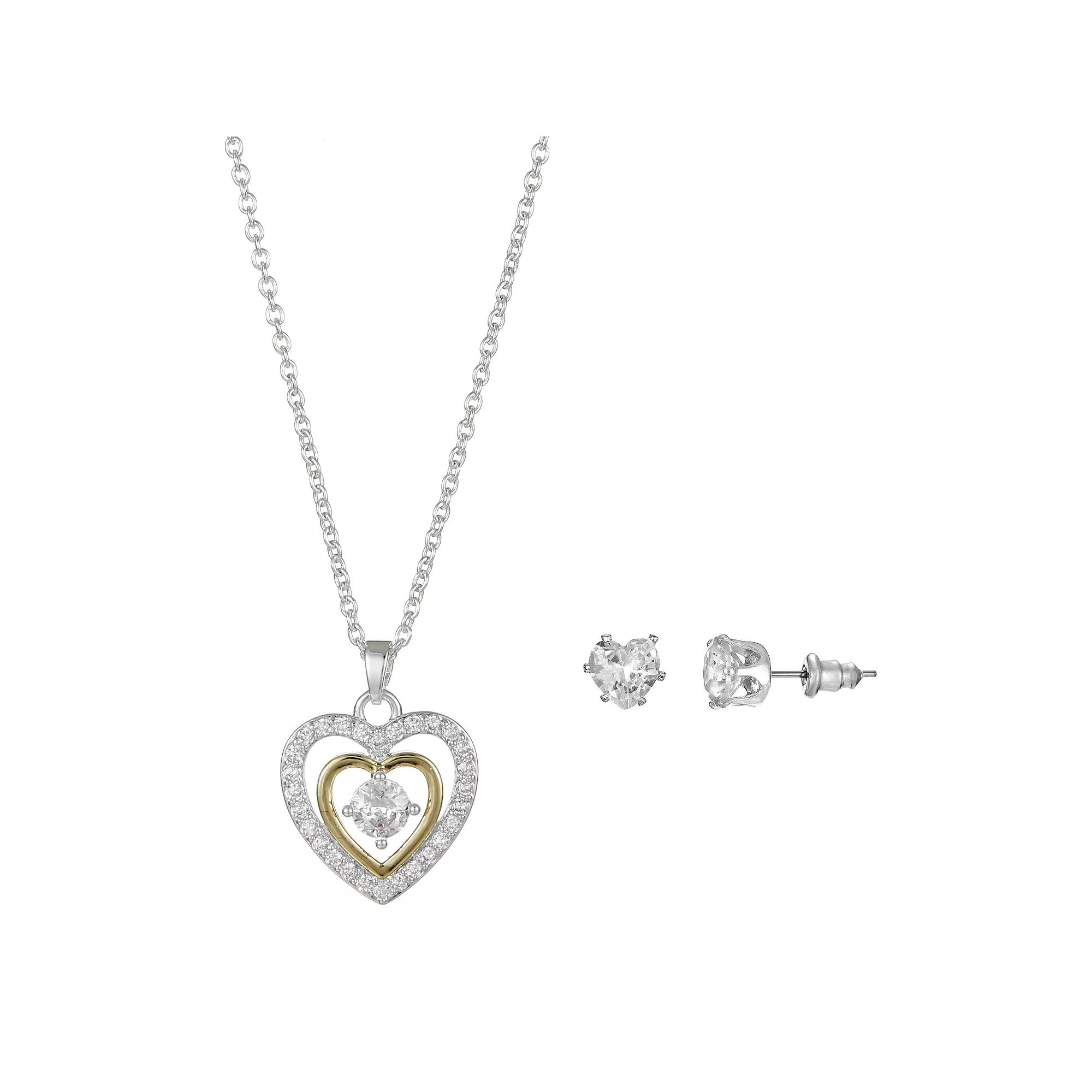 Two-Tone Cubic Zirconia Heart Pendant Necklace & Heart Stud Earrings Set, Women's, Two Tone Product Image