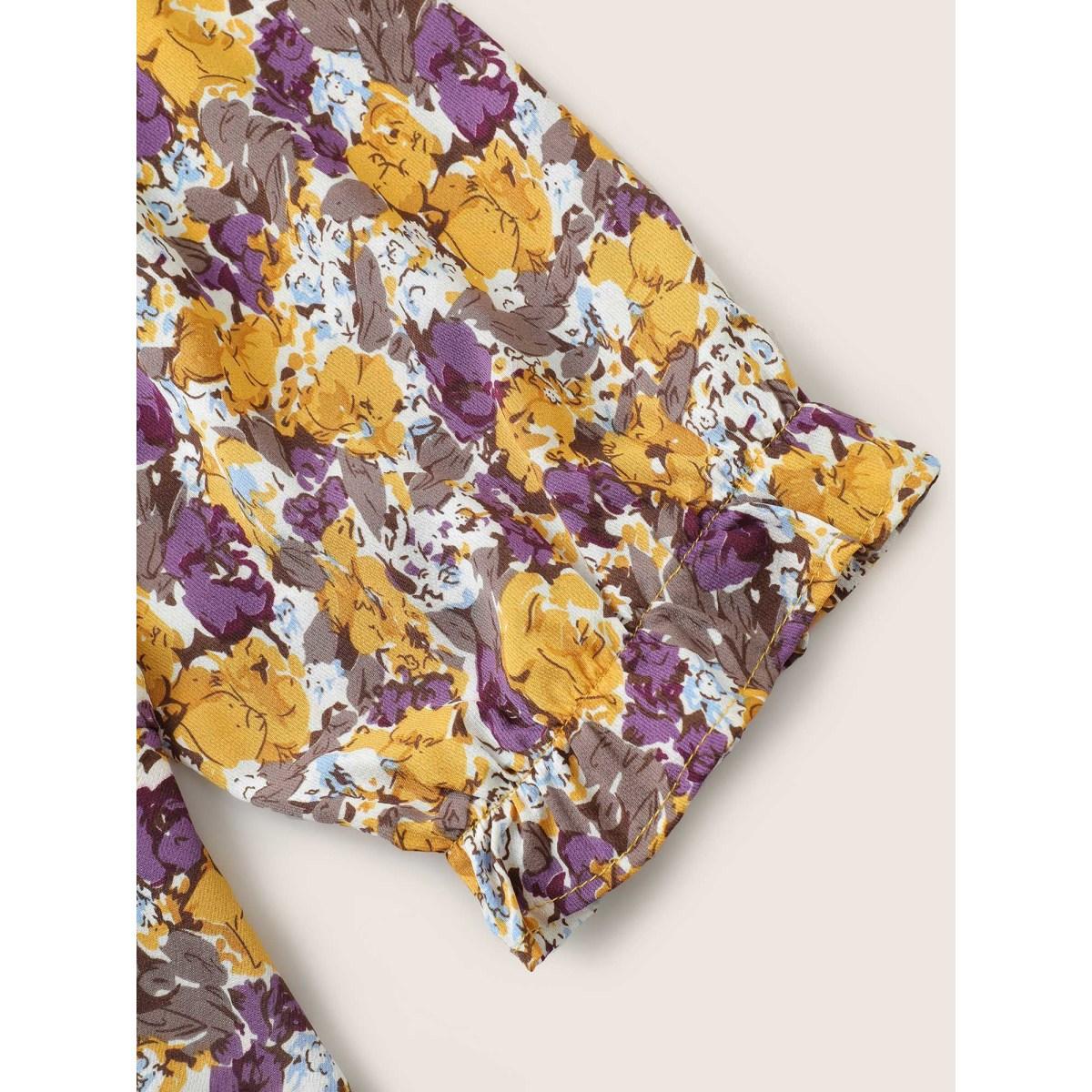 Plus Size Apricot Floral Allover Print Ruffles Tiered Hem Blouse Women Elegant Elbow-length sleeve Notched collar Everyday Blouses BloomChic 18-20/2X Product Image