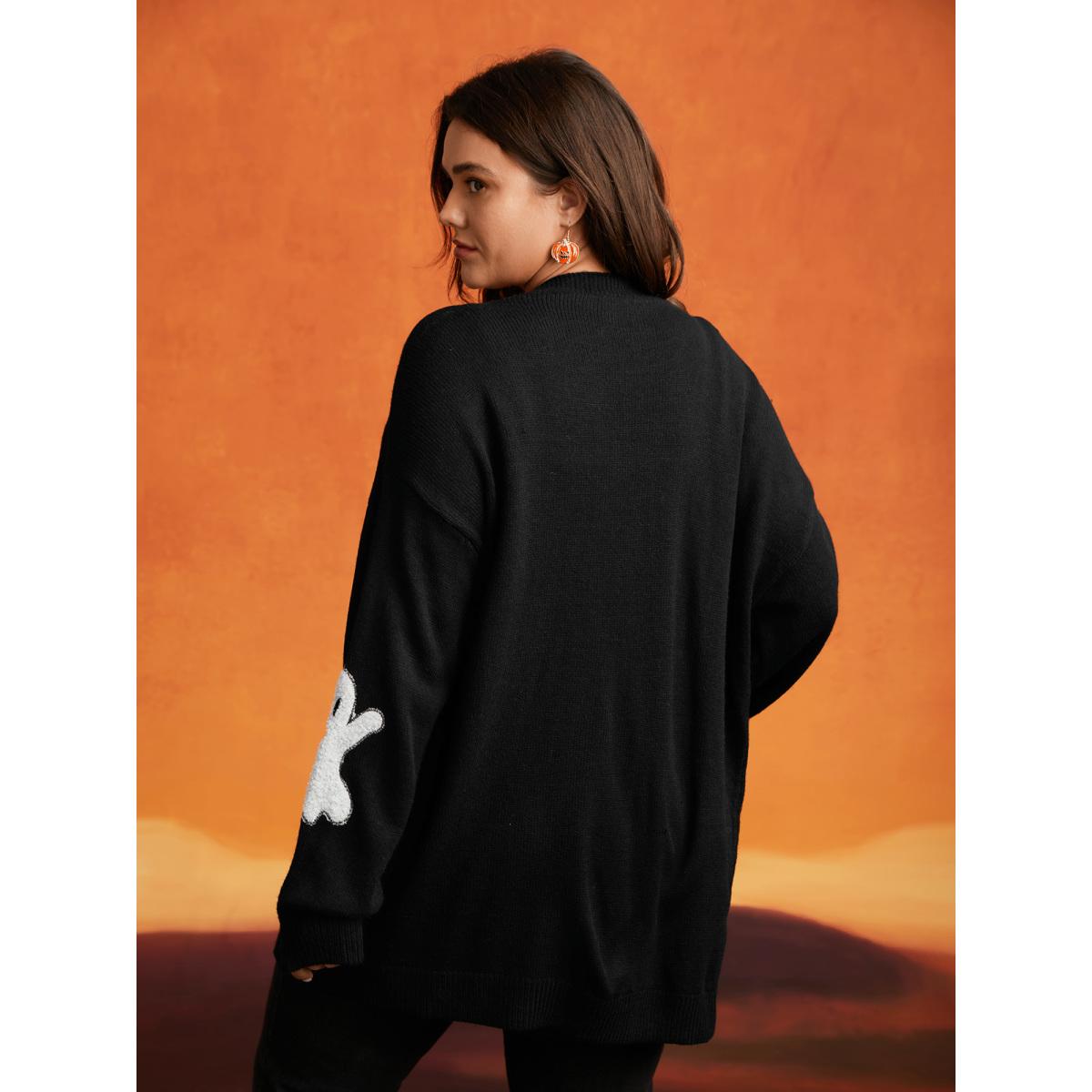 Plus Size Pumpkin Ghost Embroidery Open Cardigan Black Women Playful Loose Long Sleeve Casual Cardigans BloomChic 14-16/1X Product Image