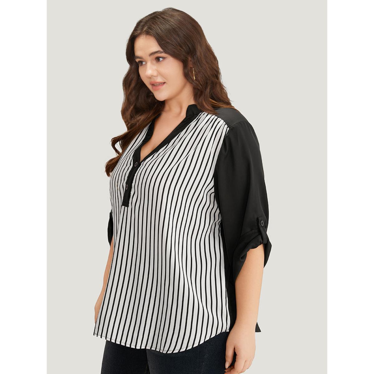Plus Size Black Striped Patchwork Tab Sleeve Blouse Women Office Elbow-length sleeve V-neck Work Blouses BloomChic 22-24/3X Product Image