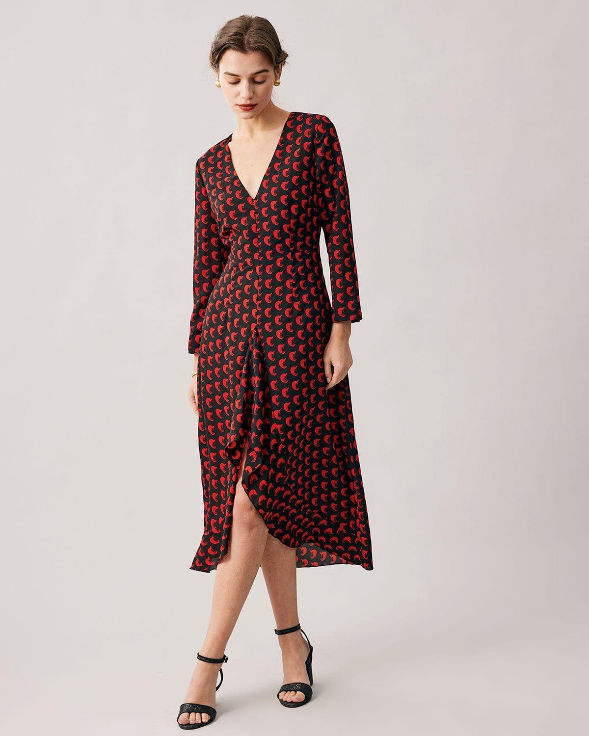 The Red V Neck Slit Long Sleeve Midi Dress Product Image