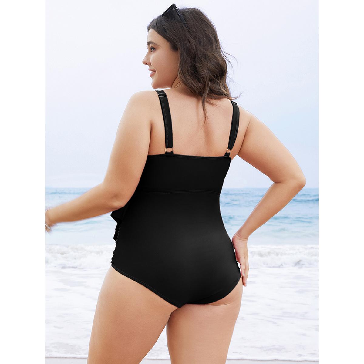 Plus Size Solid Sculpt Waist Patchwork Ruffle Tiered One Piece Swimsuit Women's Swimwear Black Vacation Adjustable Straps Curve Bathing Suits High stretch One Pieces BloomChic 22-24/3X Product Image