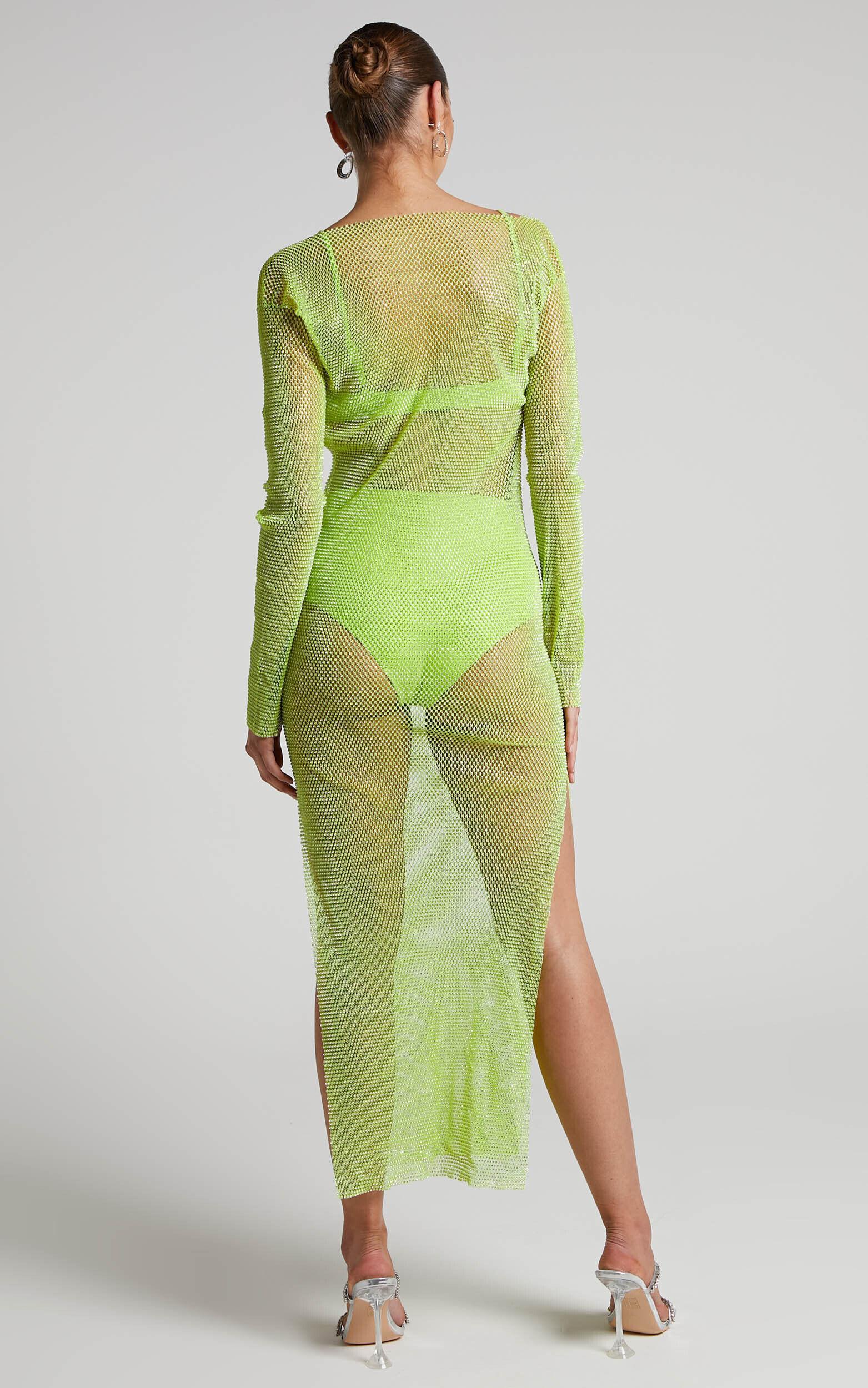 Karmen Midi Dress - Long Sleeve Split Diamante Mesh Dress in Lime Product Image